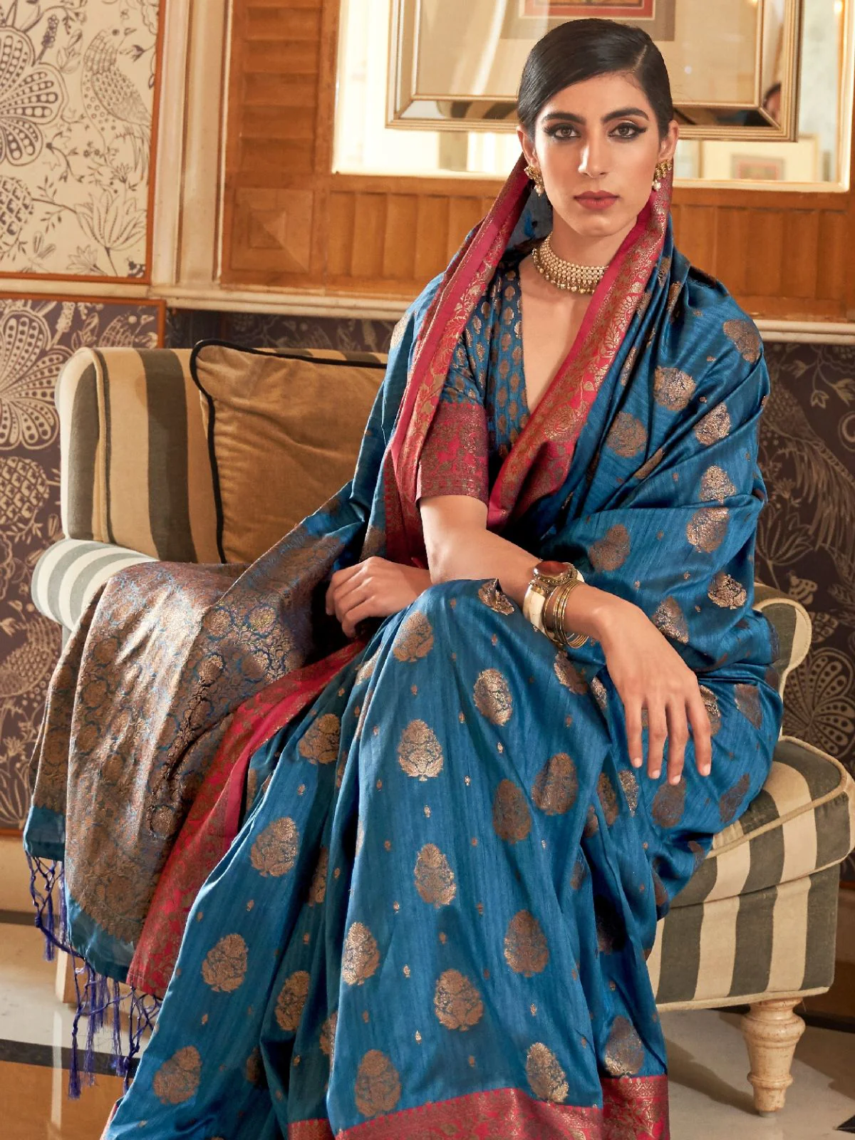 Odette Blue Woven Design Silk Blend Saree With Unstitched Blouse For Women - Image 2