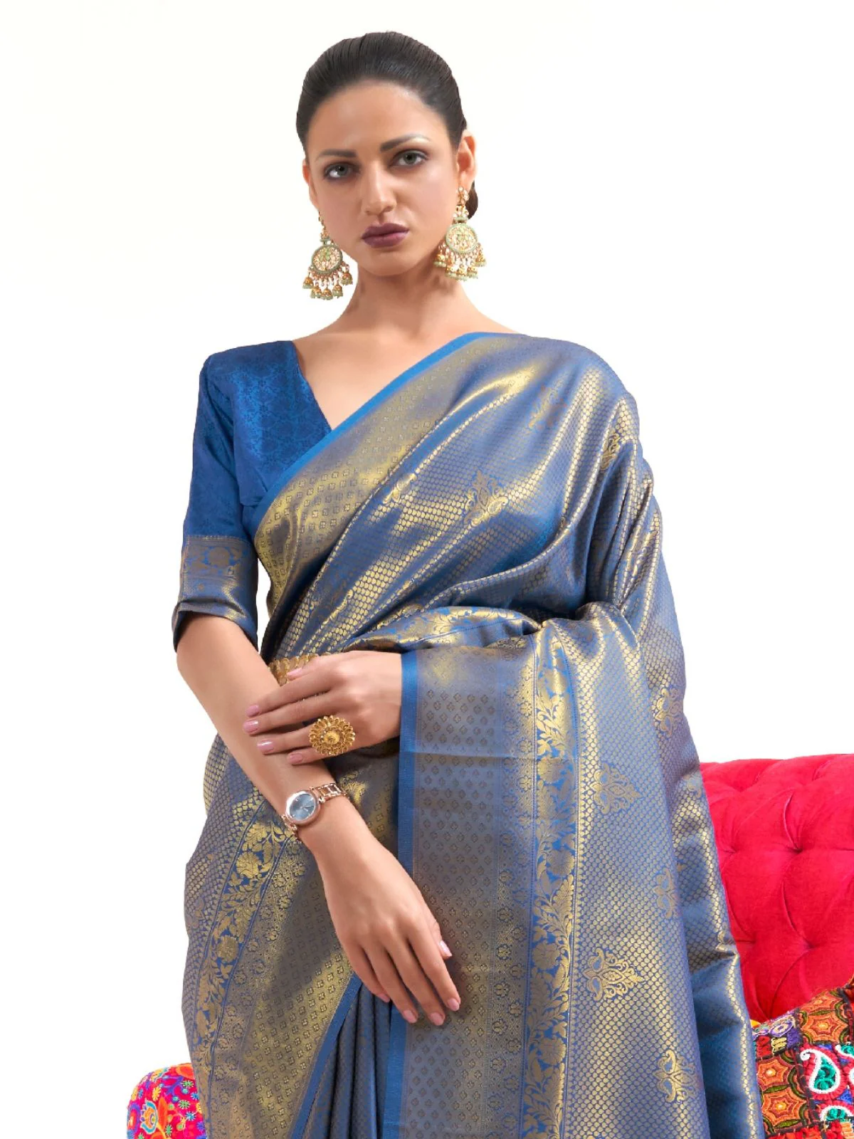 Odette Blue Woven Design Silk Blend Saree With Unstitched Blouse For Women - Image 2