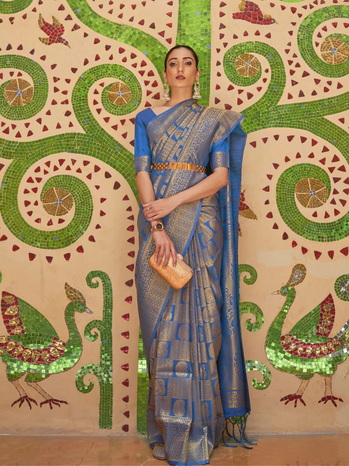 Odette Blue Woven Design Silk Blend Saree With Unstitched Blouse For Women