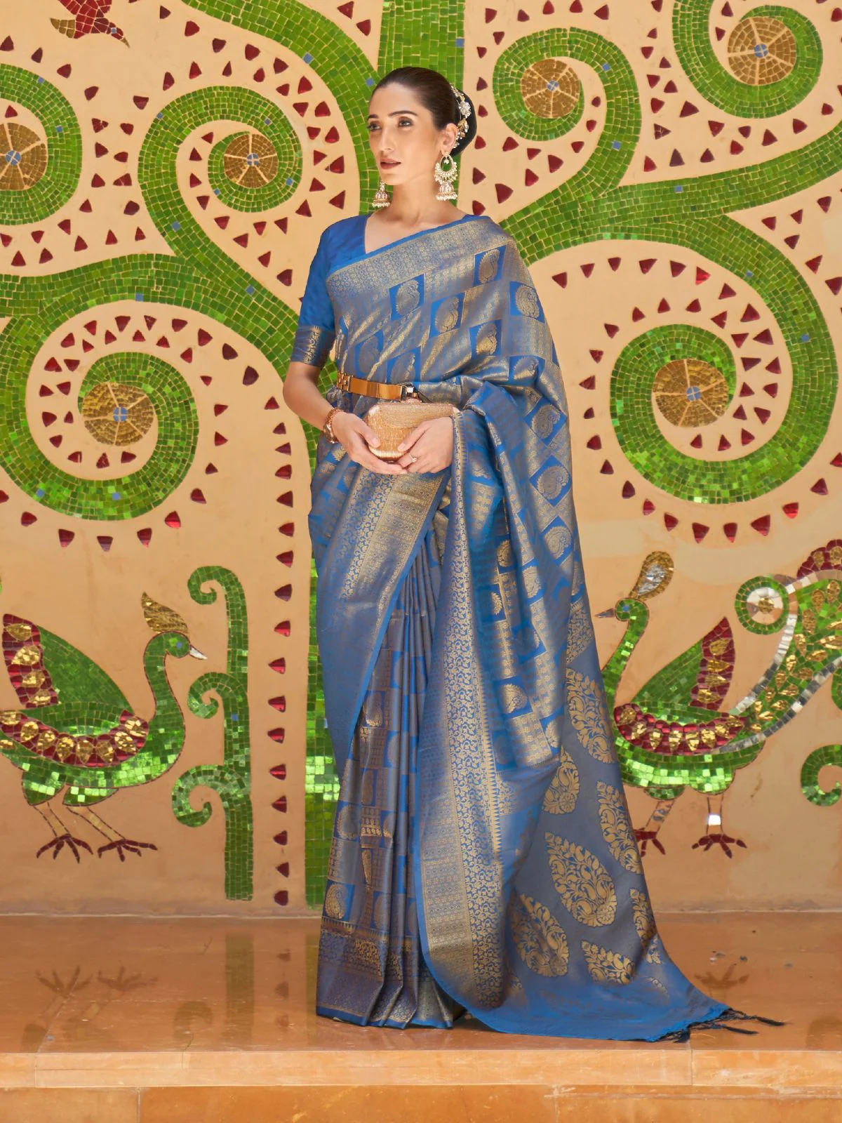 Odette Blue Woven Design Silk Blend Saree With Unstitched Blouse For Women - Image 2