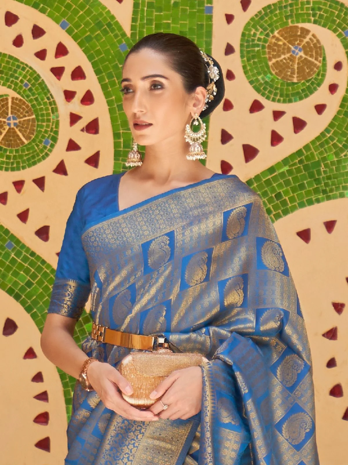 Odette Blue Woven Design Silk Blend Saree With Unstitched Blouse For Women - Image 3