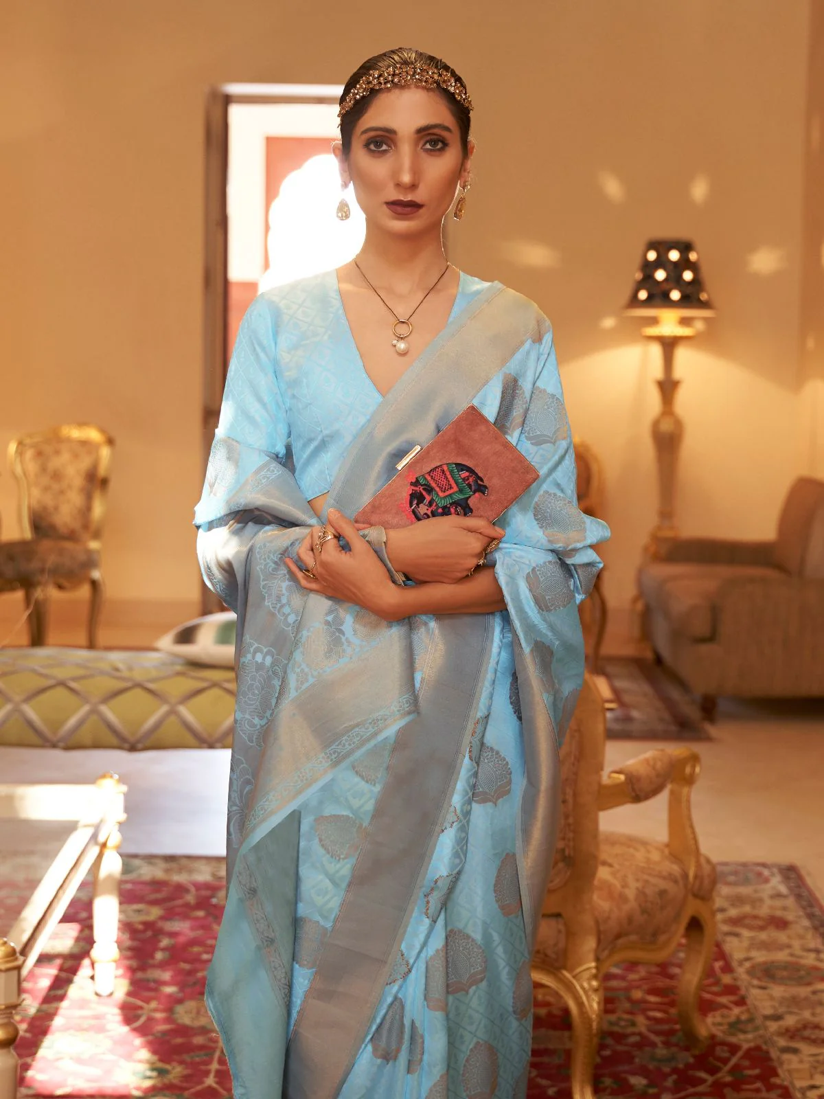 Odette Blue Woven Design Silk Blend Saree With Unstitched Blouse For Women - Image 3