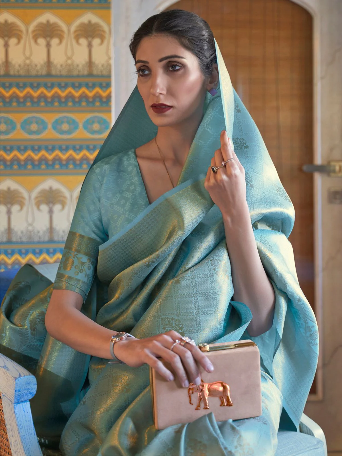 Odette Blue Woven Design Silk Blend Saree With Unstitched Blouse For Women - Image 2