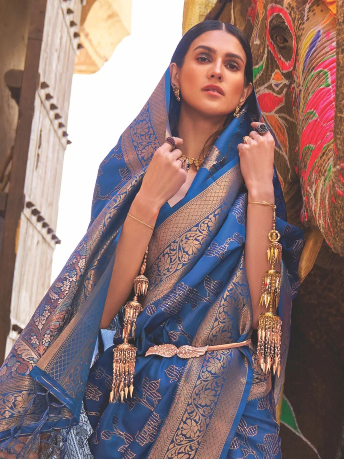 Odette Blue Woven Design Silk Blend Saree With Unstitched Blouse For Women - Image 2