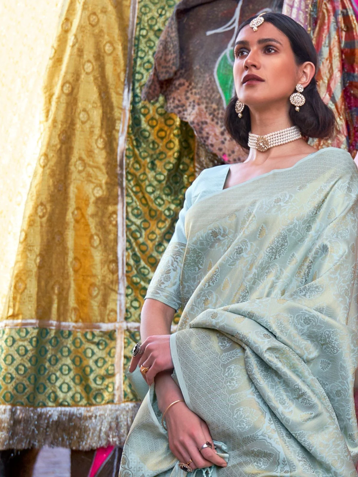 Odette Blue Woven Design Silk Blend Saree With Unstitched Blouse For Women - Image 3