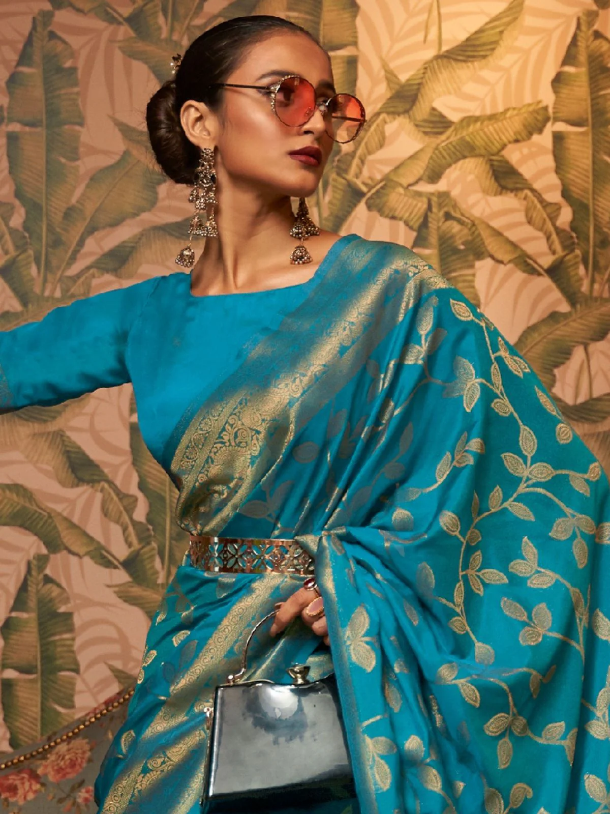 Odette Blue Woven Design Silk Blend Saree With Unstitched Blouse For Women - Image 3