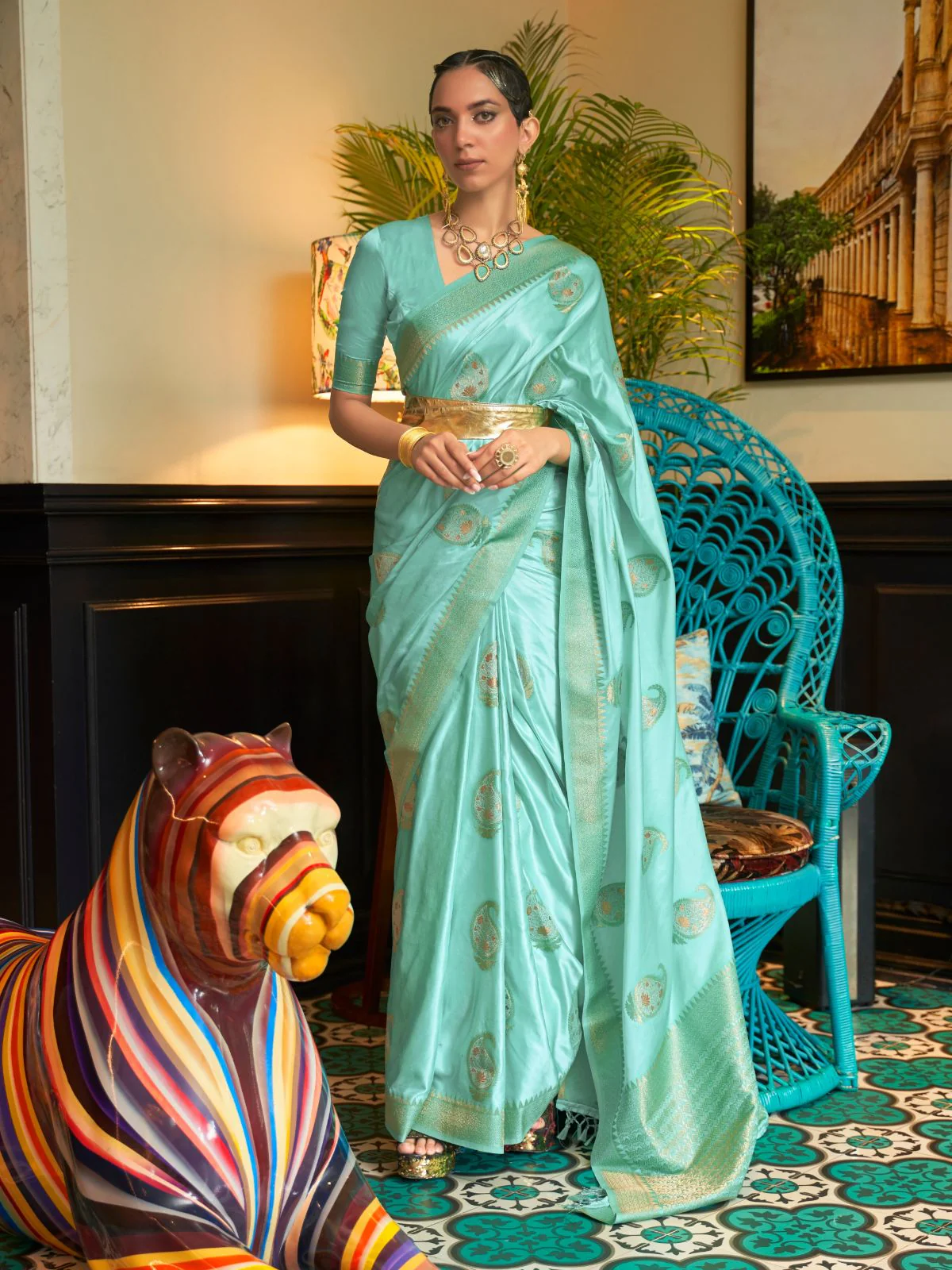 Odette Blue Woven Design Silk Blend Saree With Unstitched Blouse For Women - Image 2