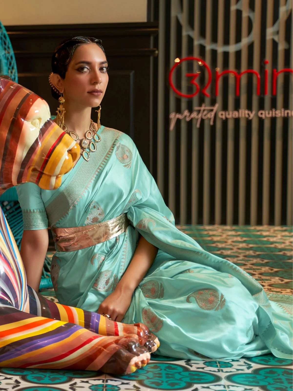 Odette Blue Woven Design Silk Blend Saree With Unstitched Blouse For Women - Image 3
