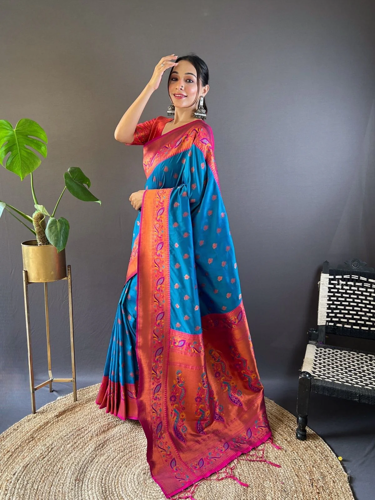 Odette Blue Woven Design Silk Blend Saree With Unstitched Blouse For Women - Image 2