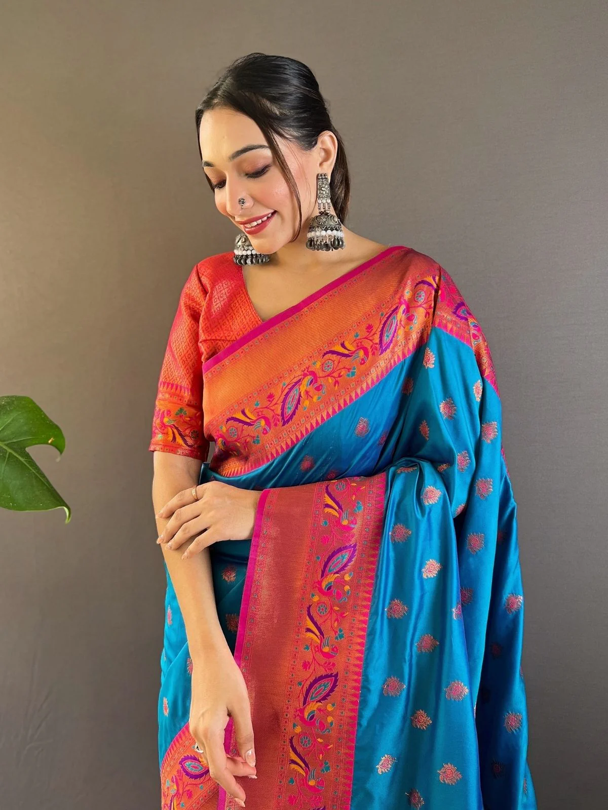 Odette Blue Woven Design Silk Blend Saree With Unstitched Blouse For Women - Image 3