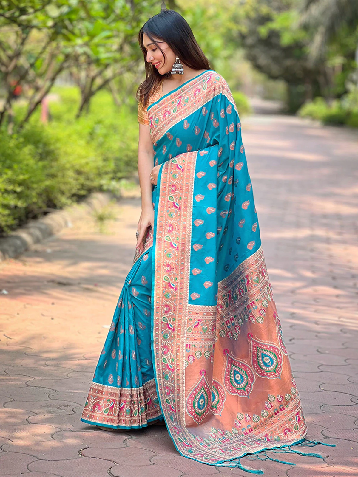 Odette Blue Woven Design Silk Blend Saree With Unstitched Blouse For Women - Image 2