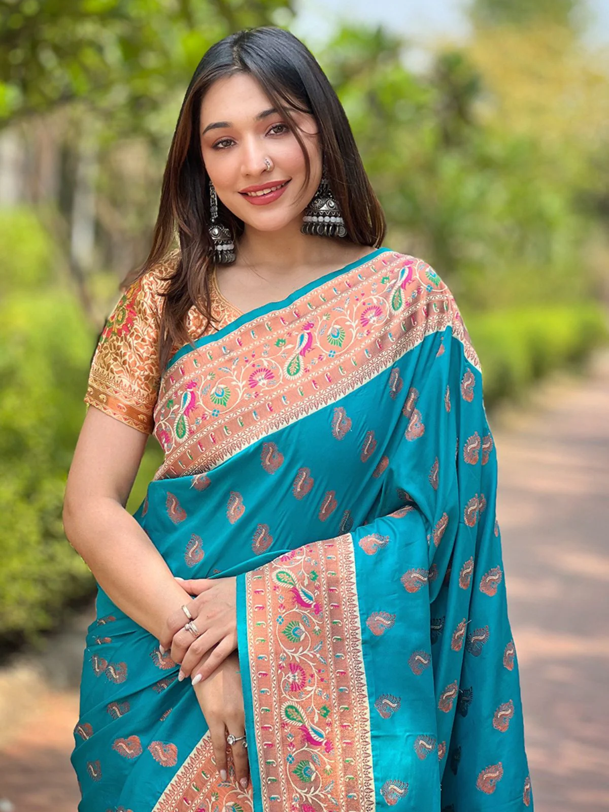 Odette Blue Woven Design Silk Blend Saree With Unstitched Blouse For Women - Image 3