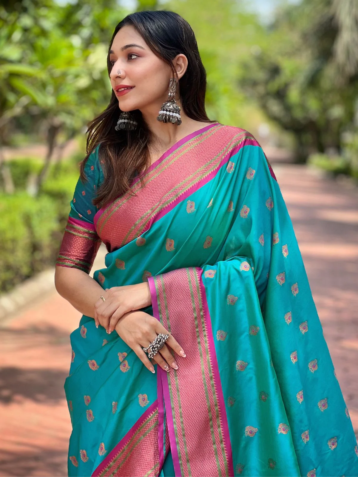 Odette Blue Woven Design Silk Blend Saree With Unstitched Blouse For Women - Image 3