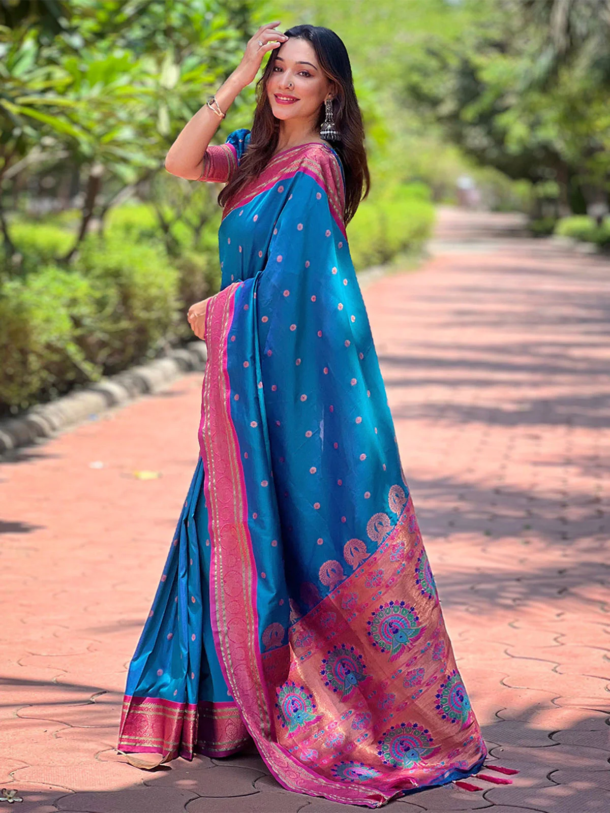 Odette Blue Woven Design Silk Blend Saree With Unstitched Blouse For Women - Image 2