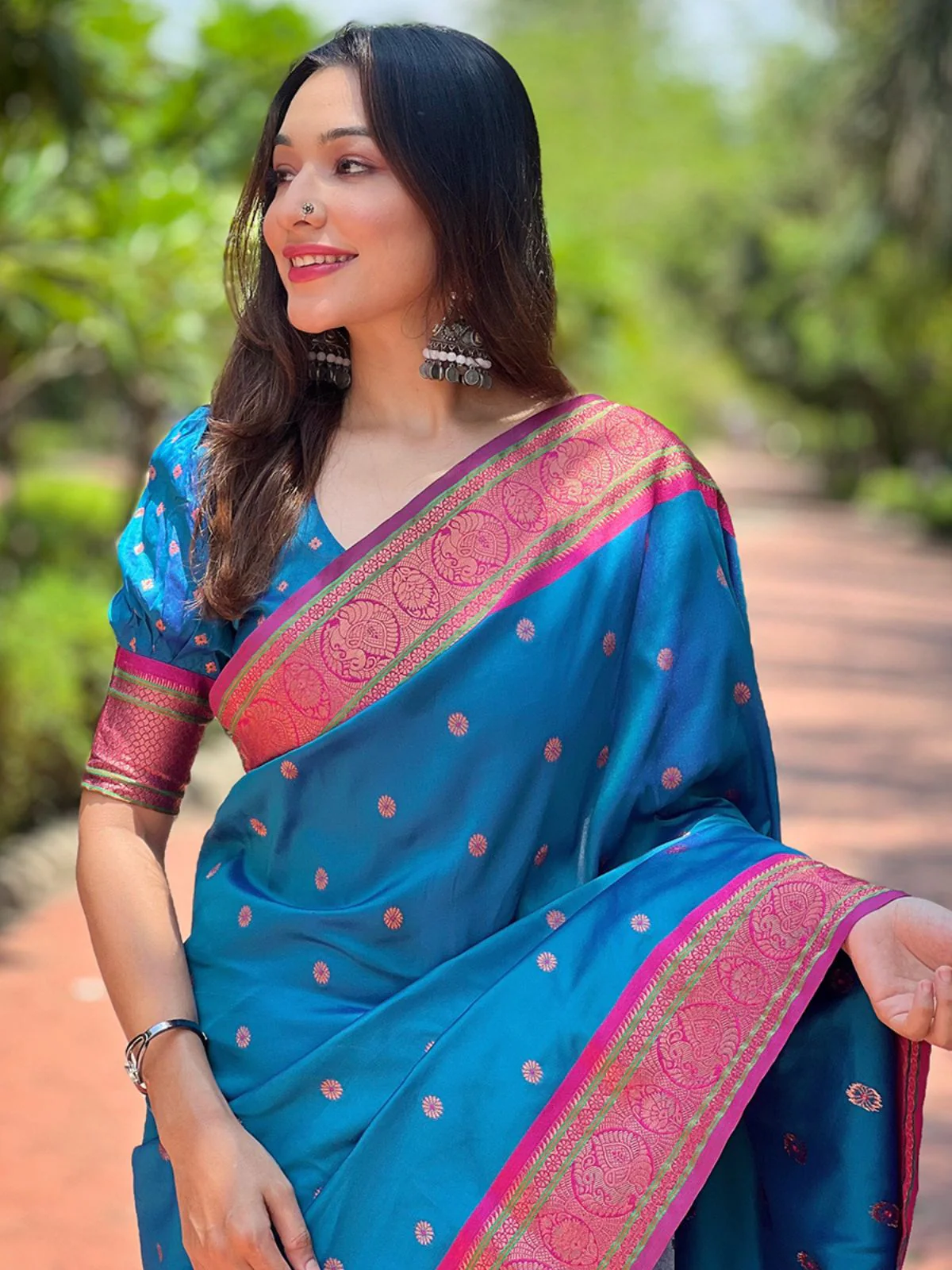 Odette Blue Woven Design Silk Blend Saree With Unstitched Blouse For Women - Image 3
