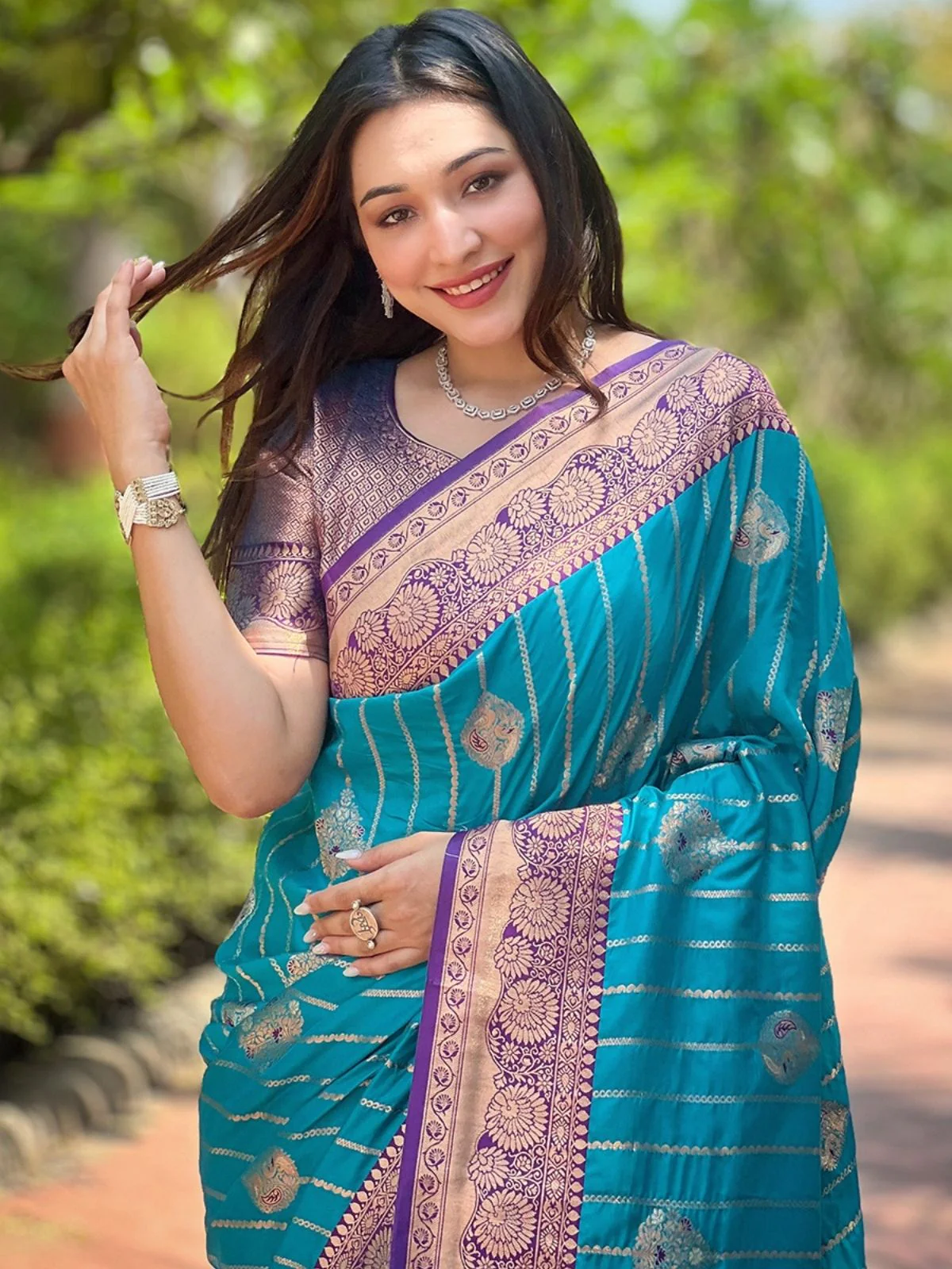 Odette Blue Woven Design Soft Silk Saree With Unstitched Blouse For Women - Image 3