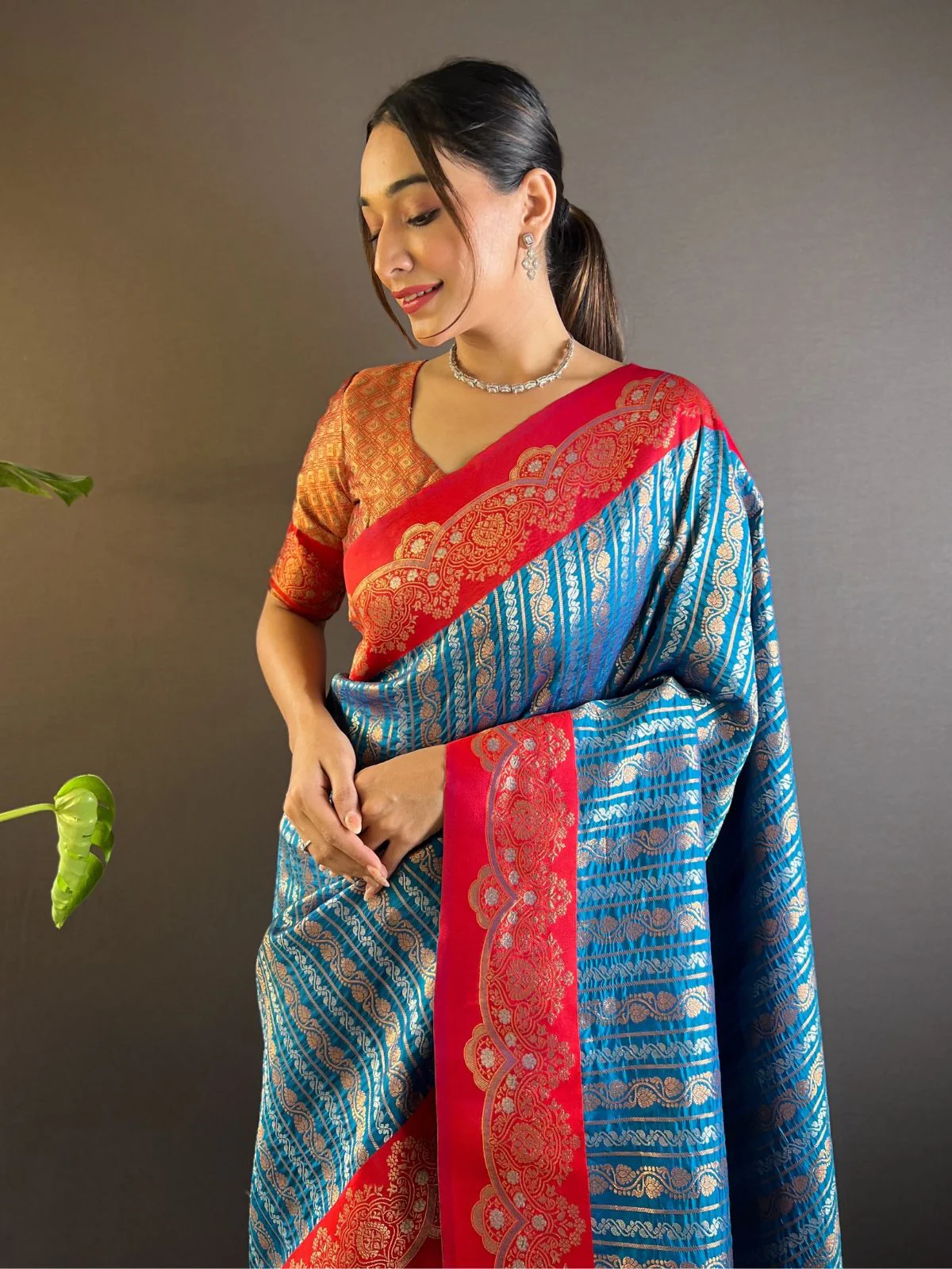 Odette Blue Woven Design Soft Silk Saree With Unstitched Blouse For Women - Image 3