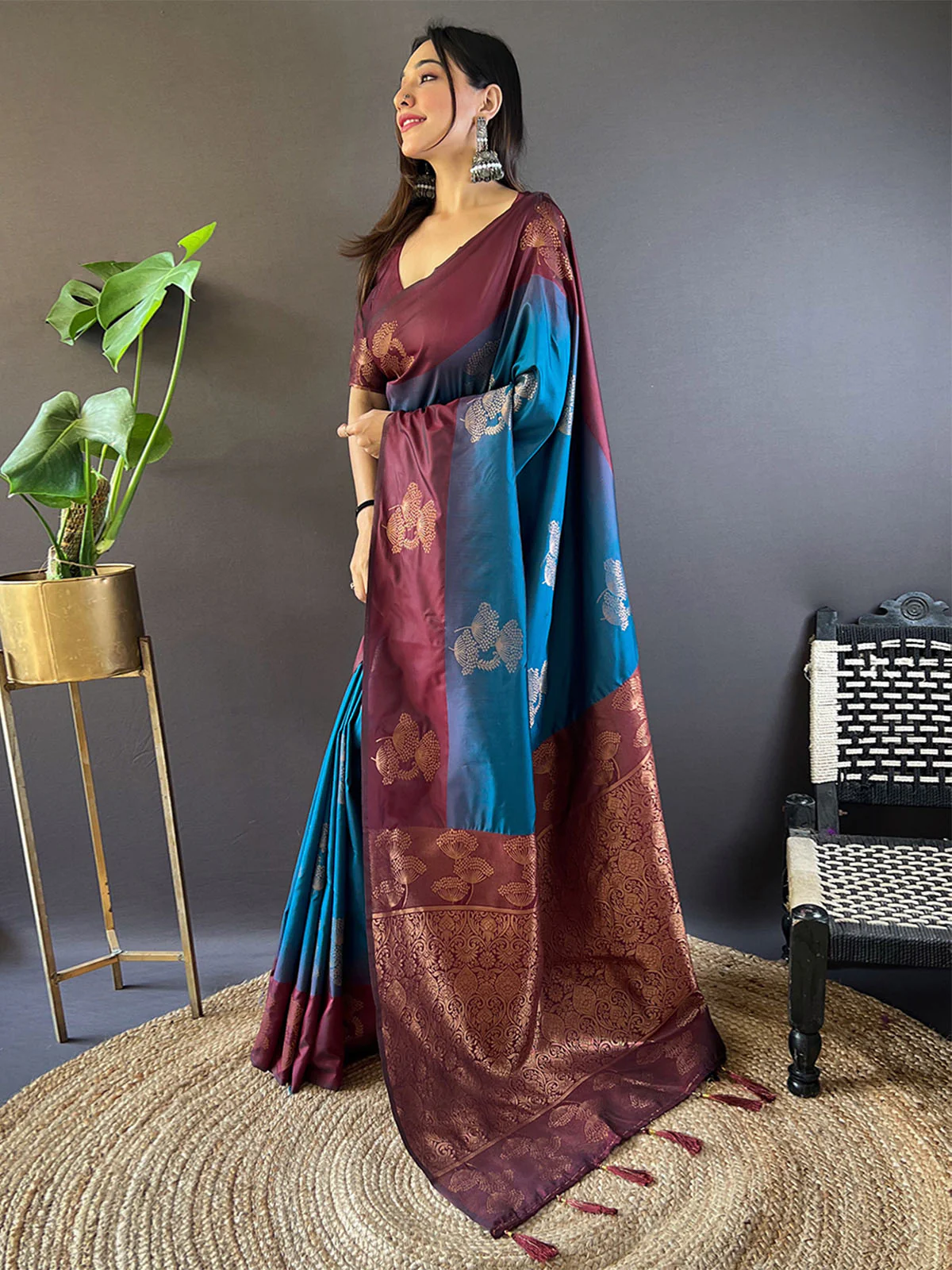 Odette Blue Woven Design Soft Silk Saree With Unstitched Blouse For Women - Image 2