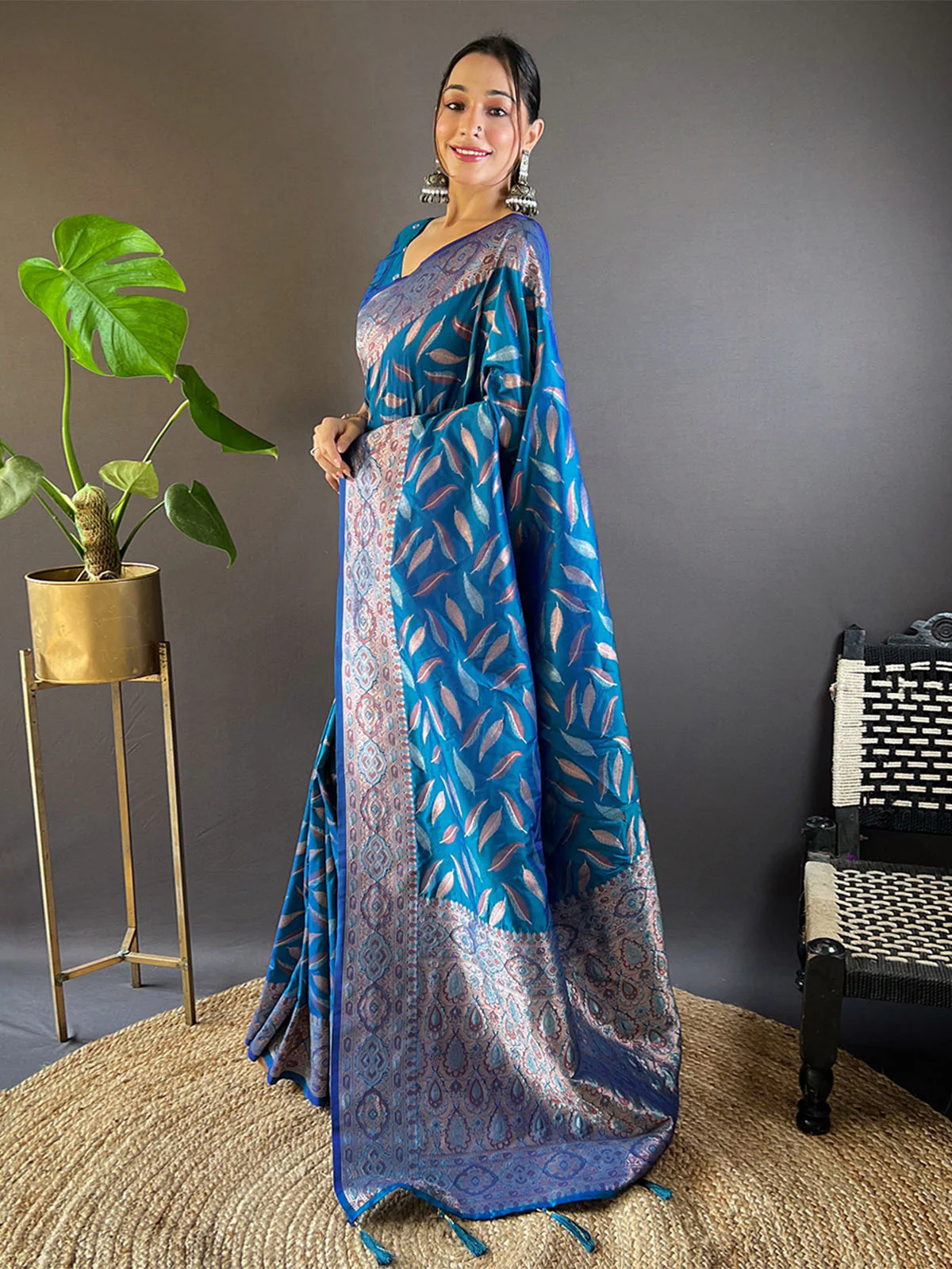 Odette Blue Woven Design Soft Silk Saree With Unstitched Blouse For Women - Image 2