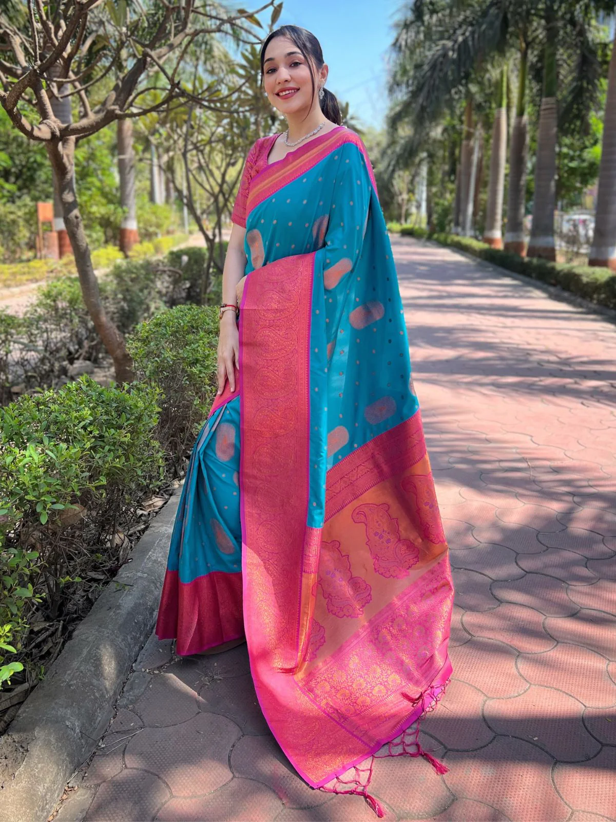 Odette Blue Woven Design Soft Silk Saree With Unstitched Blouse For Women - Image 2