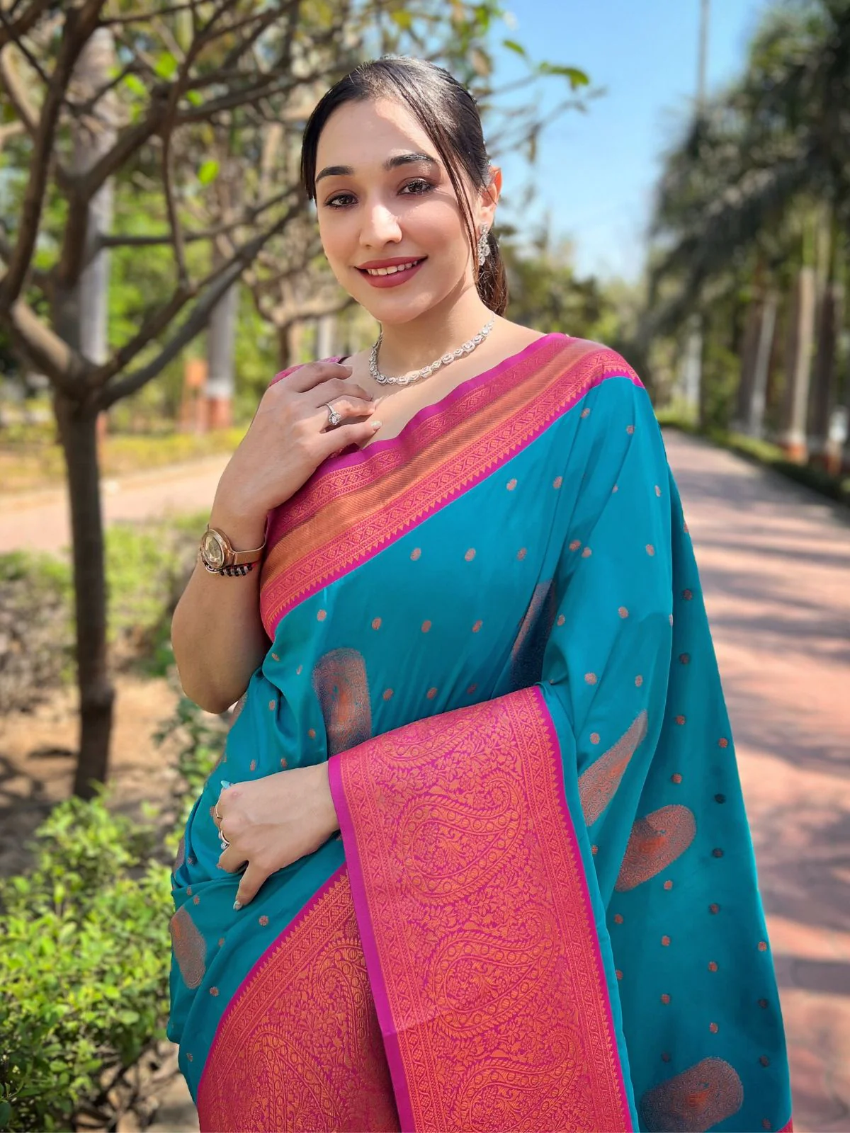 Odette Blue Woven Design Soft Silk Saree With Unstitched Blouse For Women - Image 3