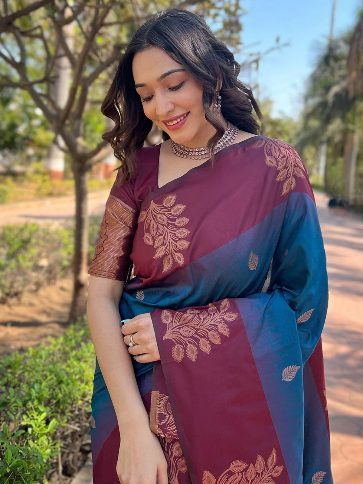 Odette Blue Woven Design Soft Silk Saree With Unstitched Blouse For Women - Image 3