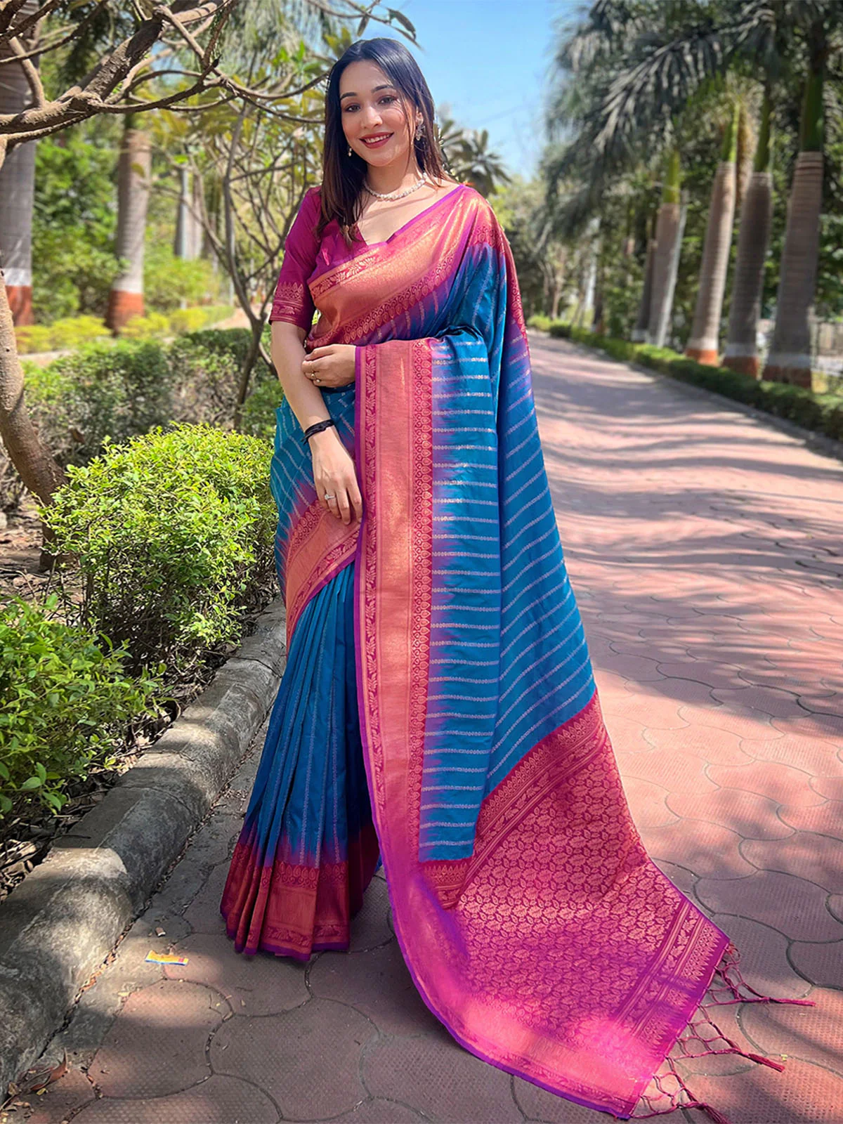 Odette Blue Woven Design Soft Silk Saree With Unstitched Blouse For Women