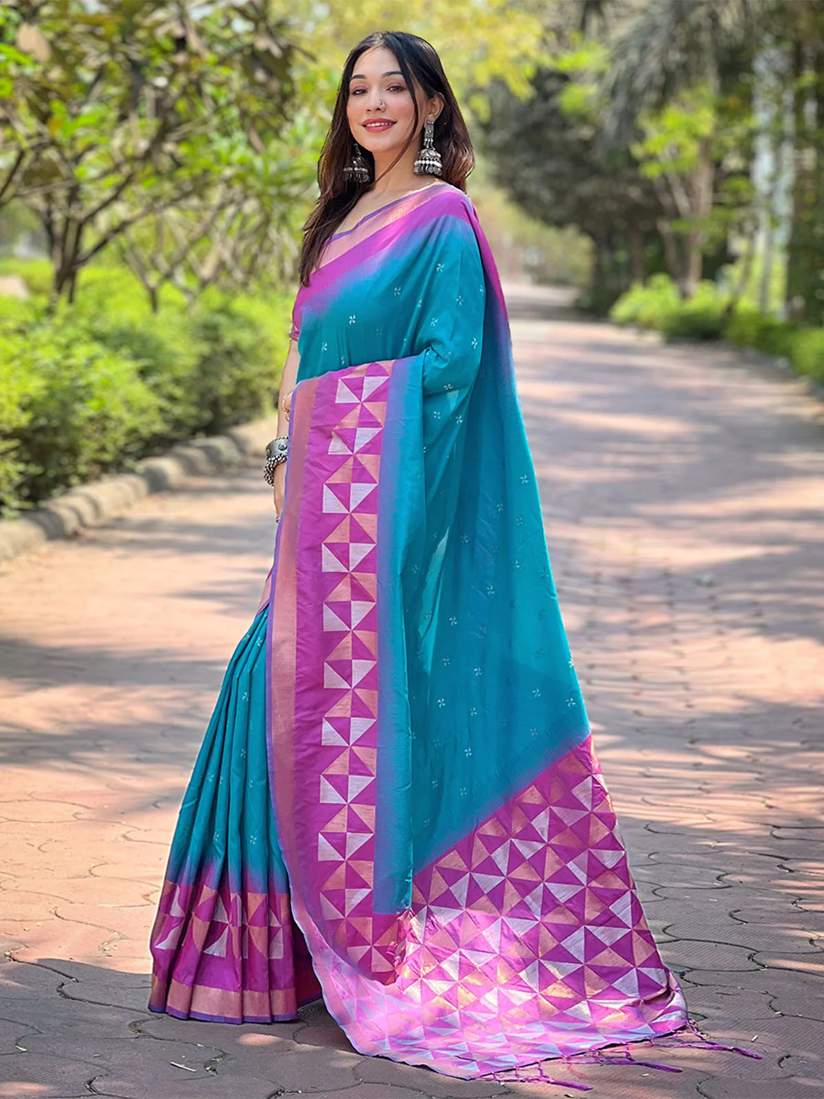 Odette Blue Woven Design Soft Silk Saree With Unstitched Blouse For Women - Image 2