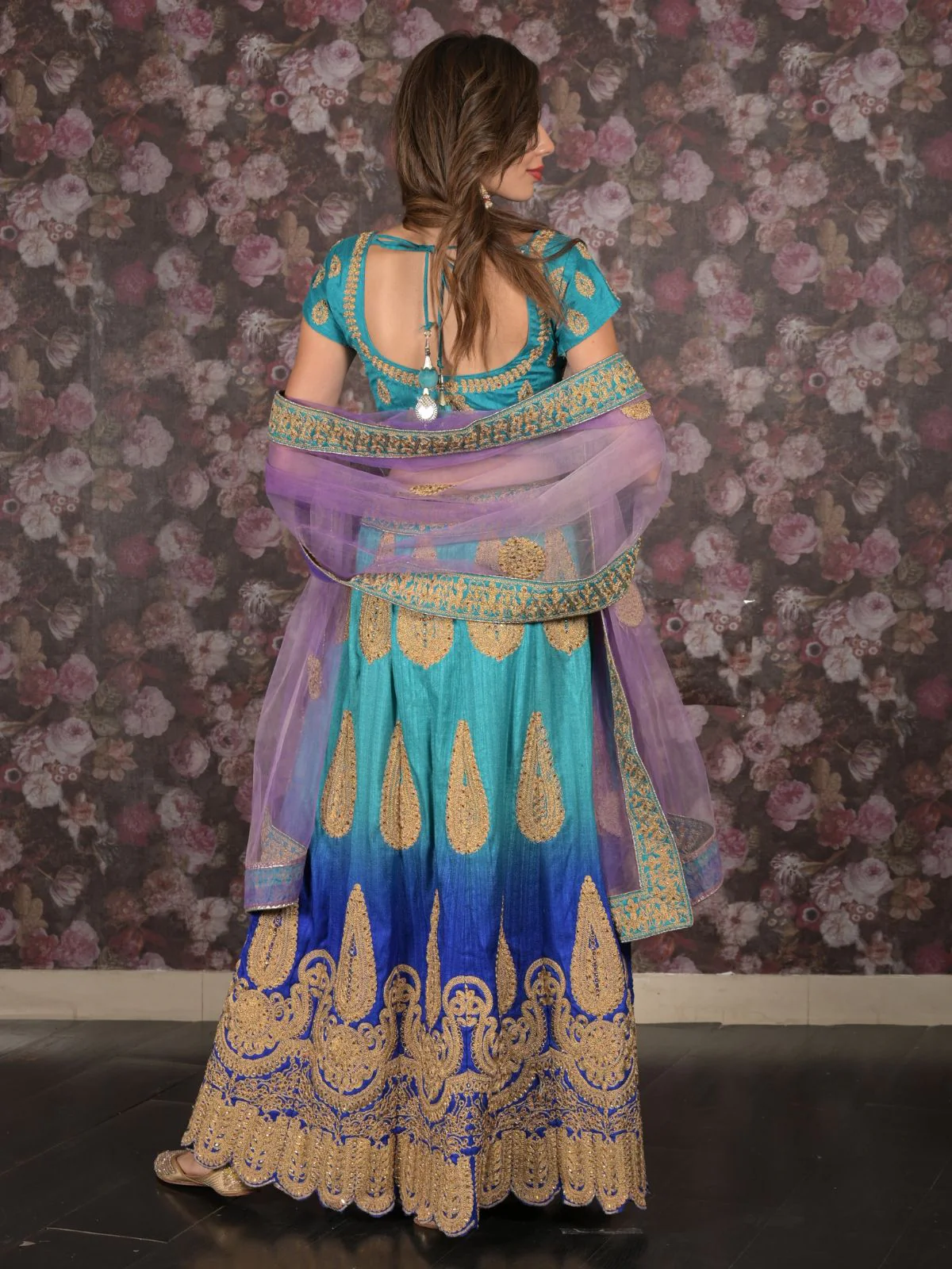 Odette Blue Zari Embroidered Stitched Silk Blend Lehenga with Stitched Blouse for Women - Image 4