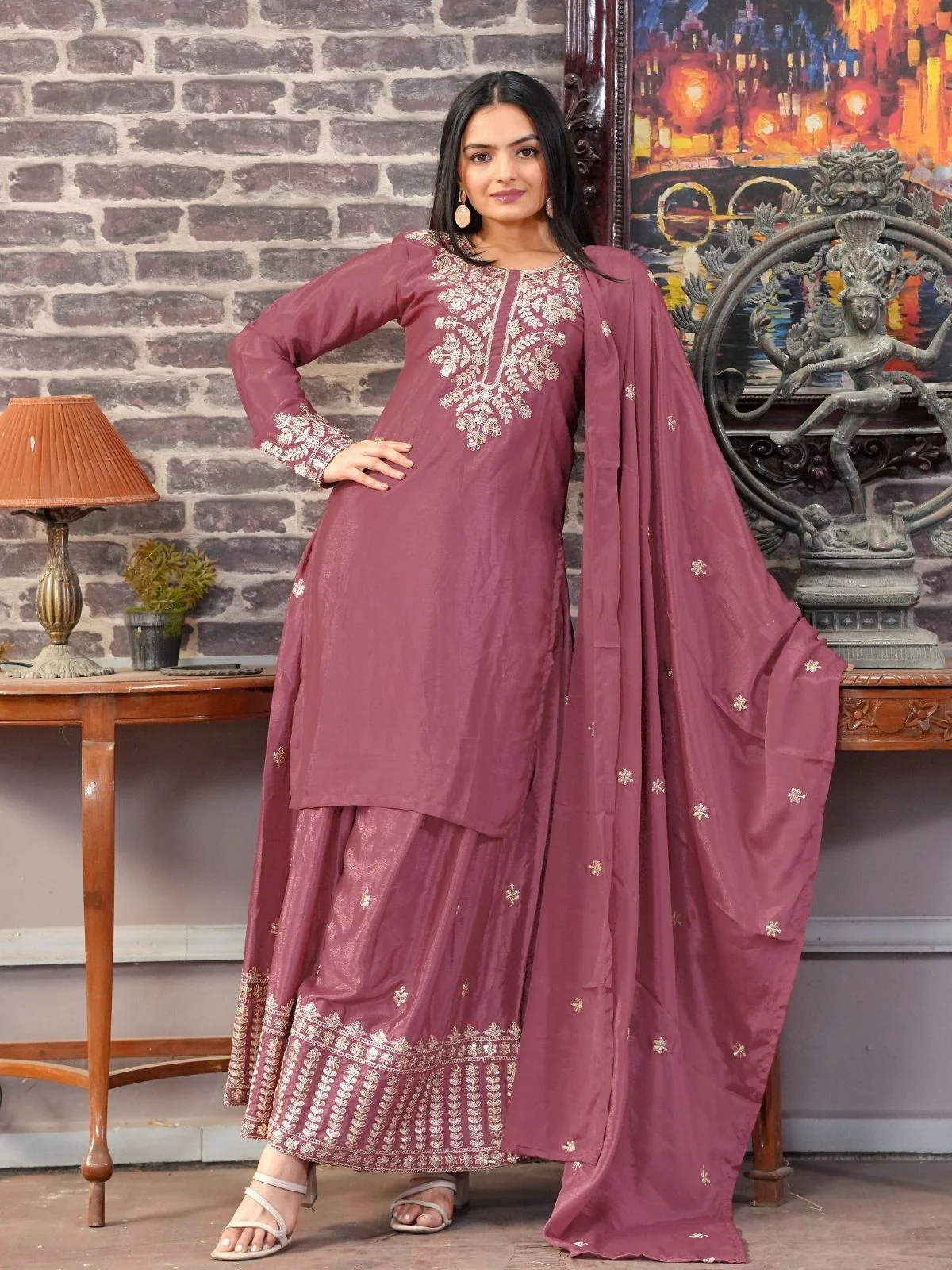 Odette Blush Pink Chinon Embroidered Stitched Kurta Set For Women - Image 2