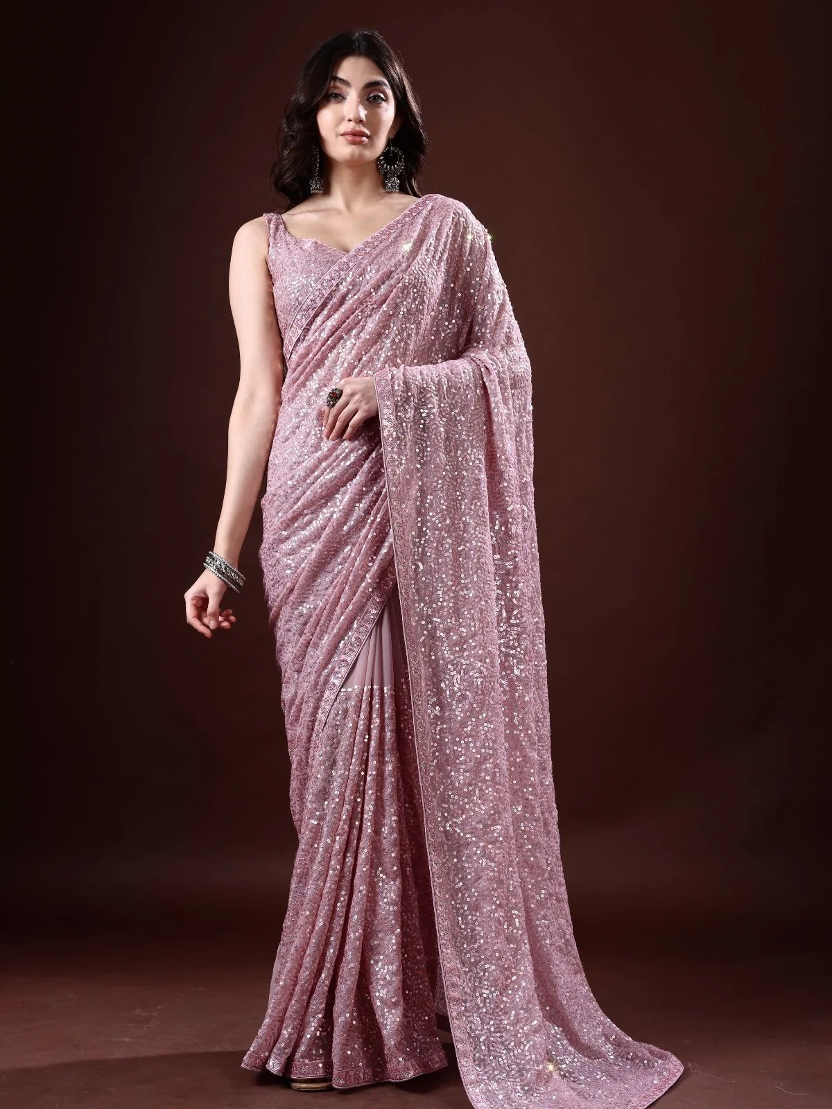 Odette Blush Pink Georgette Sequin  Elegant Saree For Women - Image 3