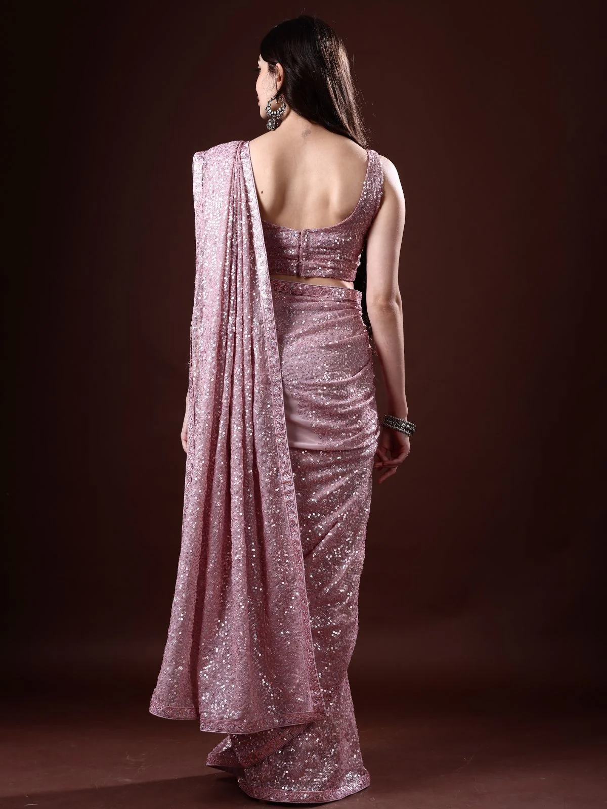 Odette Blush Pink Georgette Sequin  Elegant Saree For Women - Image 4