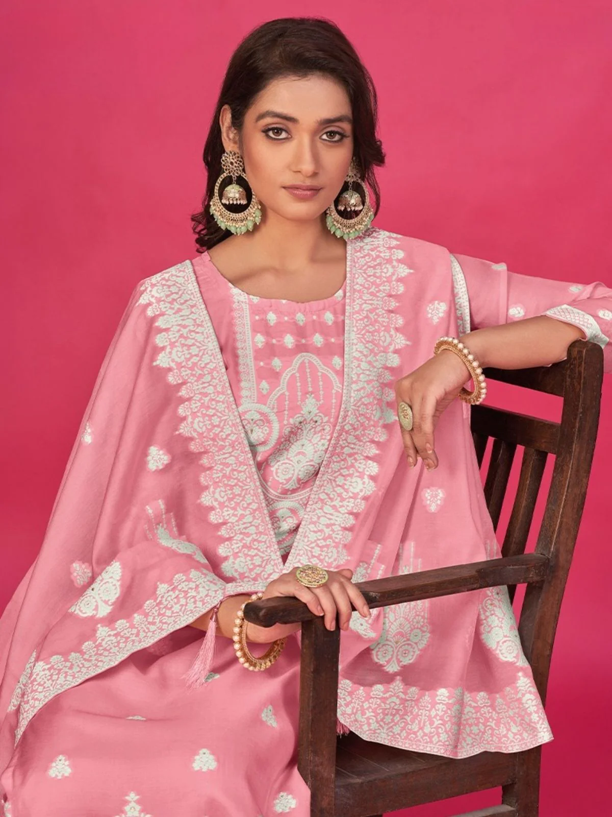 Odette Blush Pink Organza Embroidered Semi-Stitched Kurta Set For Women - Image 2