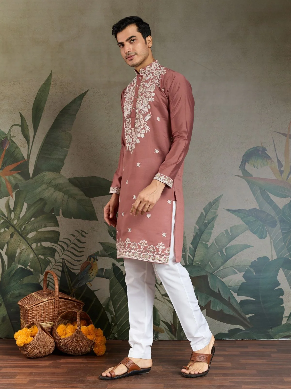 Odette Blush Pink Viscose Silk Embroidered Stitched Kurta For Men - Image 4