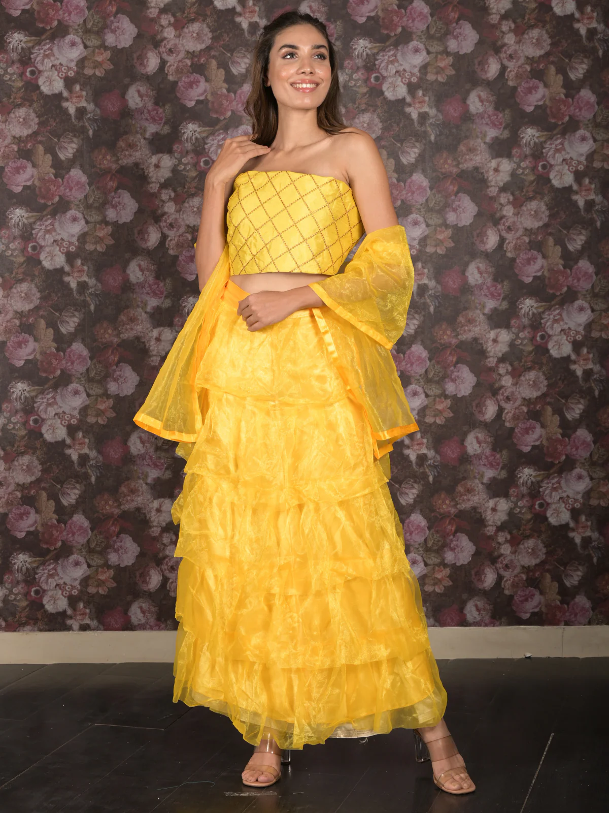 Odette Bright Yellow Net Semi-Stitched Lehenga with Embroidered Unstitched Blouse for Women - Image 2