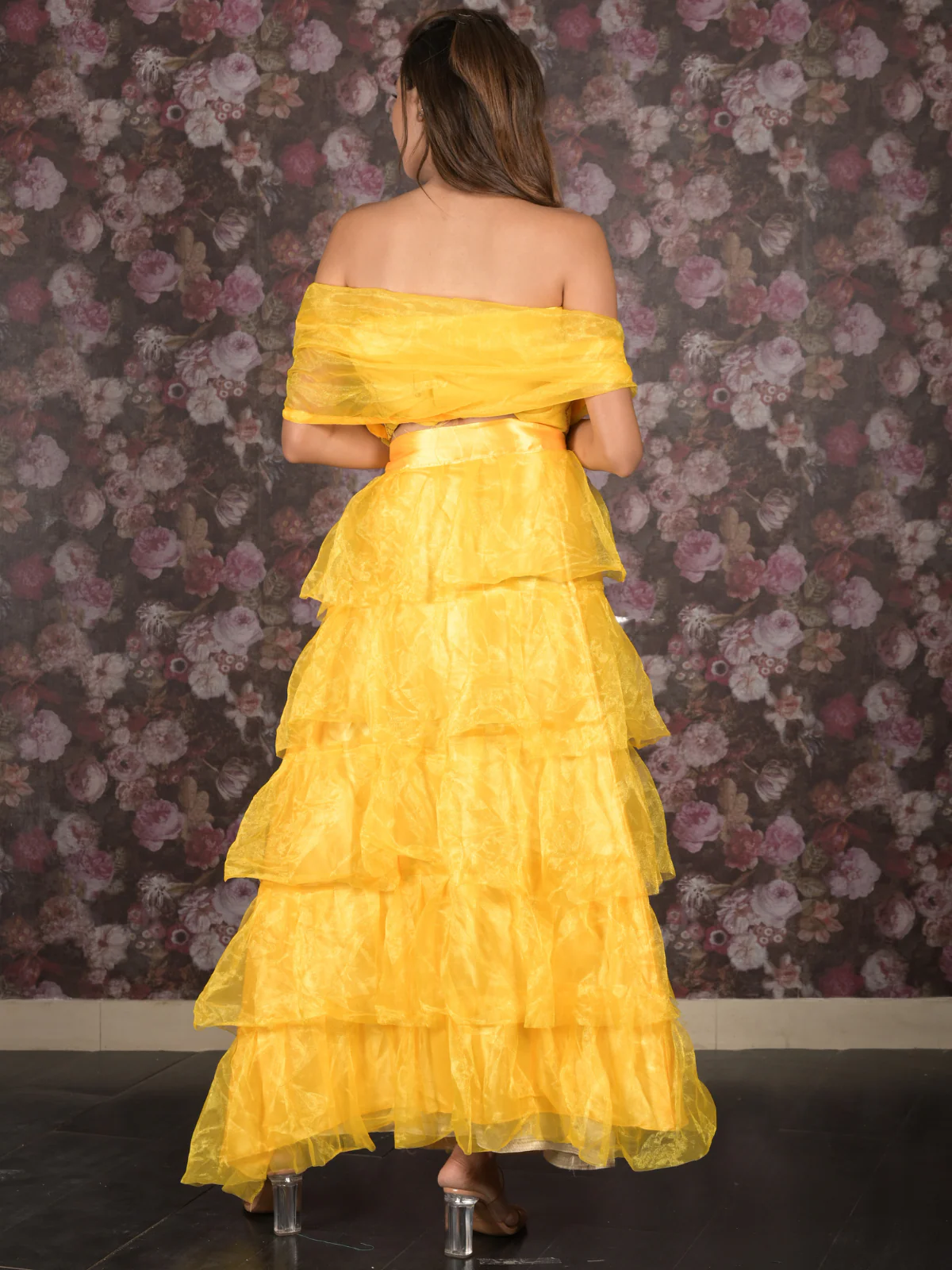 Odette Bright Yellow Net Semi-Stitched Lehenga with Embroidered Unstitched Blouse for Women - Image 4