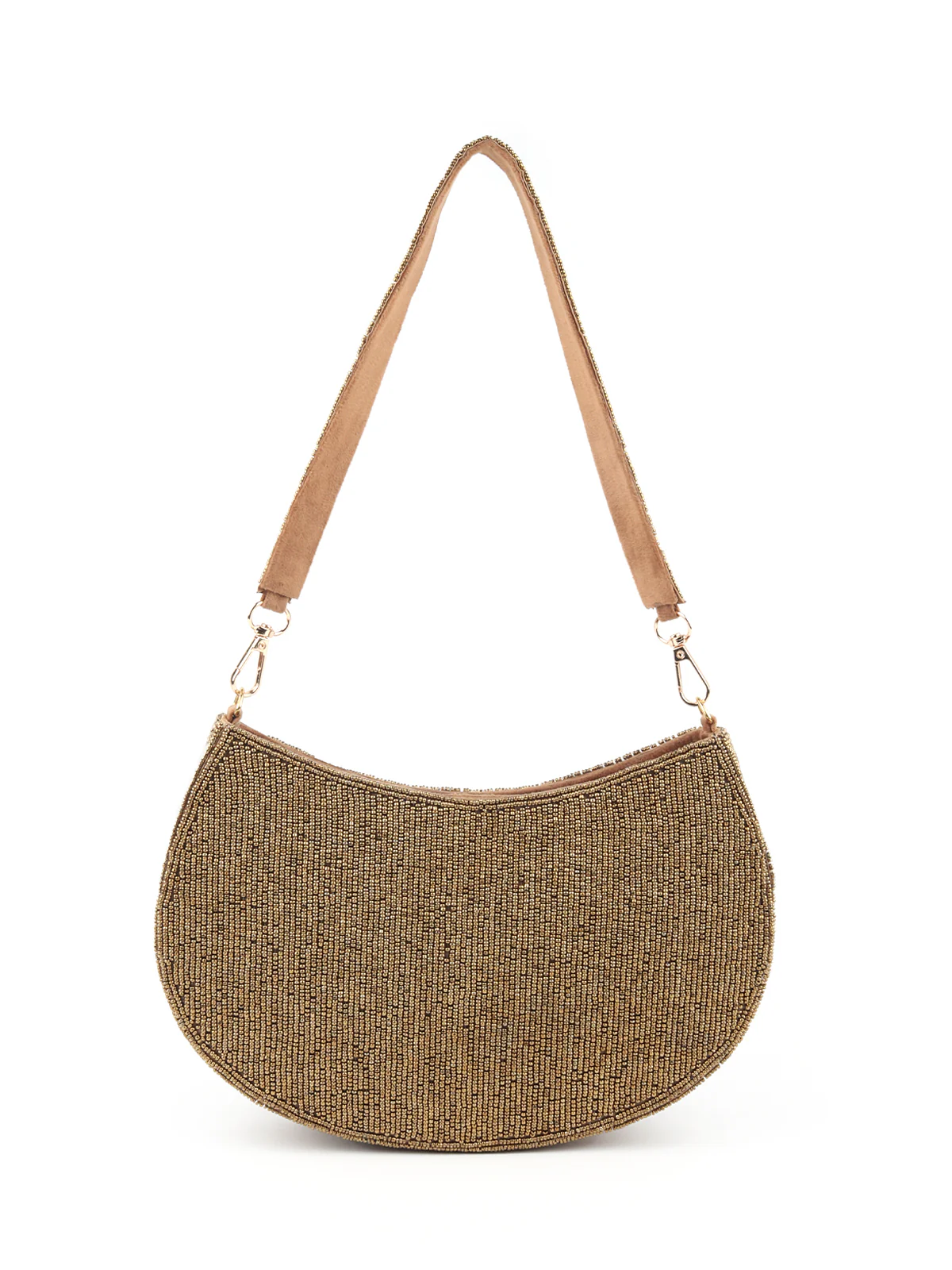 Odette Bronze Stone and Beads Embroidered Half Moon Hand Bag for Women - Image 5