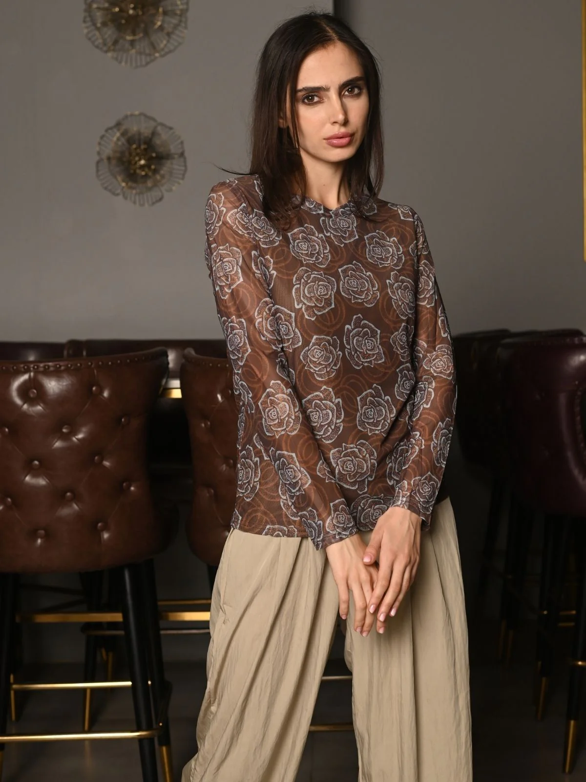 Odette Brown And Blue Net Lycra Printed Top For Women - Image 2
