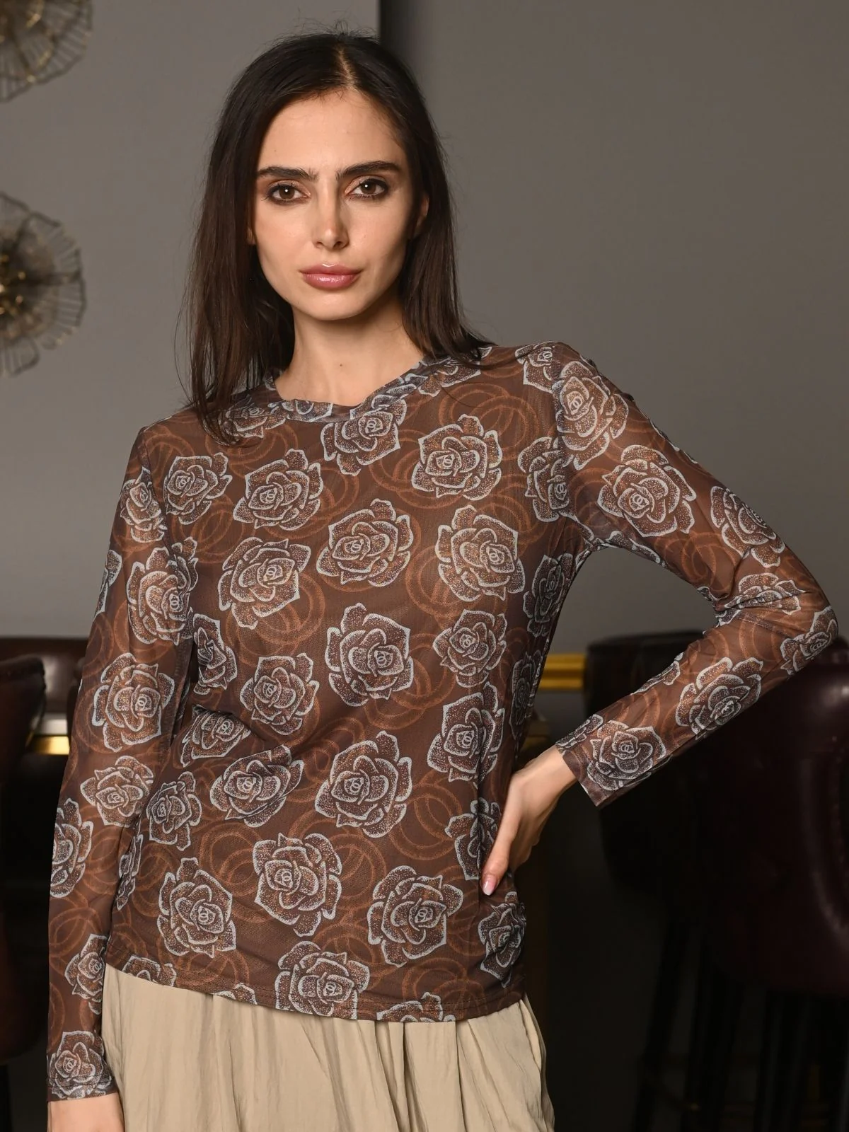 Odette Brown And Blue Net Lycra Printed Top For Women - Image 3
