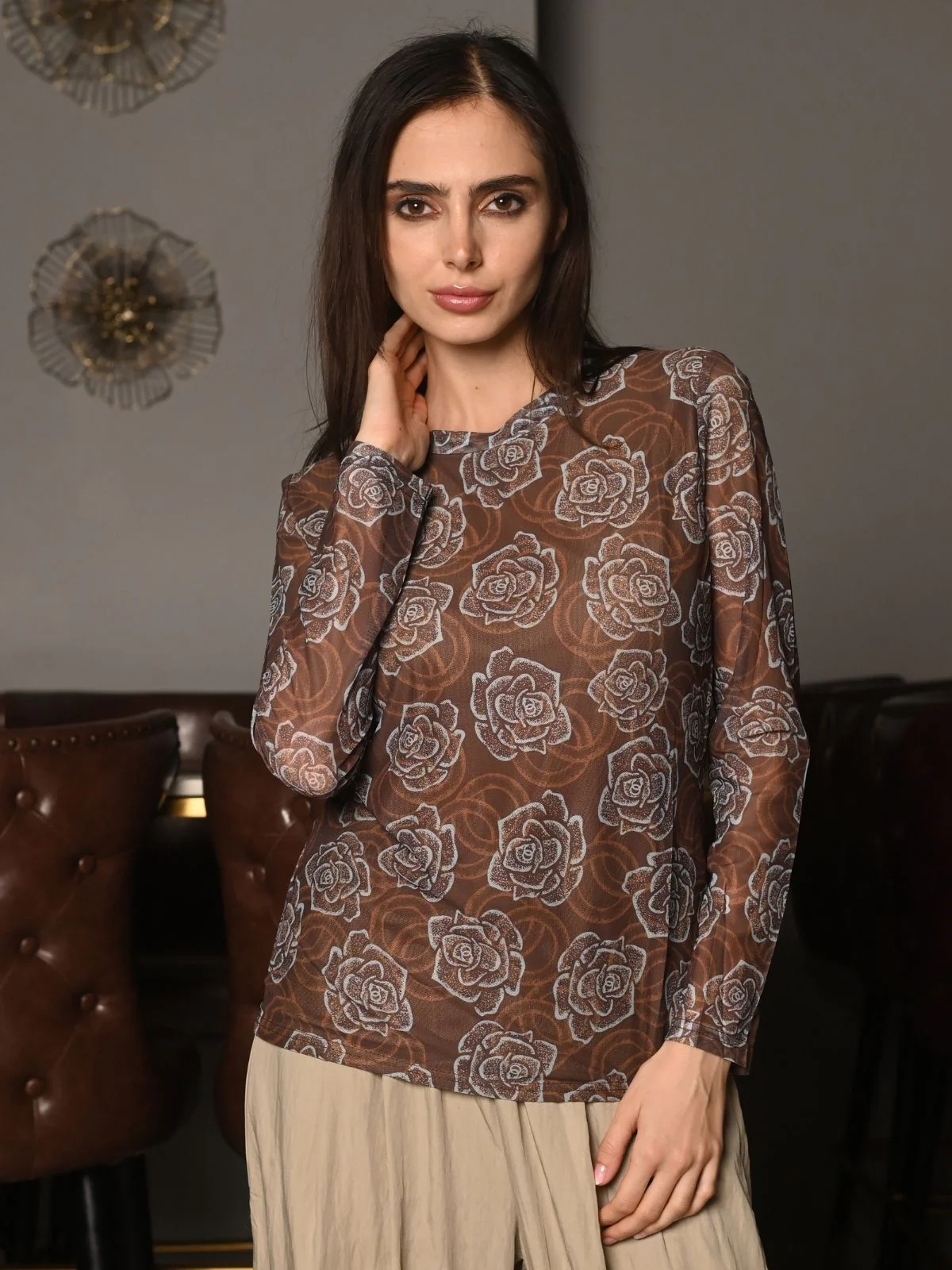 Odette Brown And Blue Net Lycra Printed Top For Women - Image 6