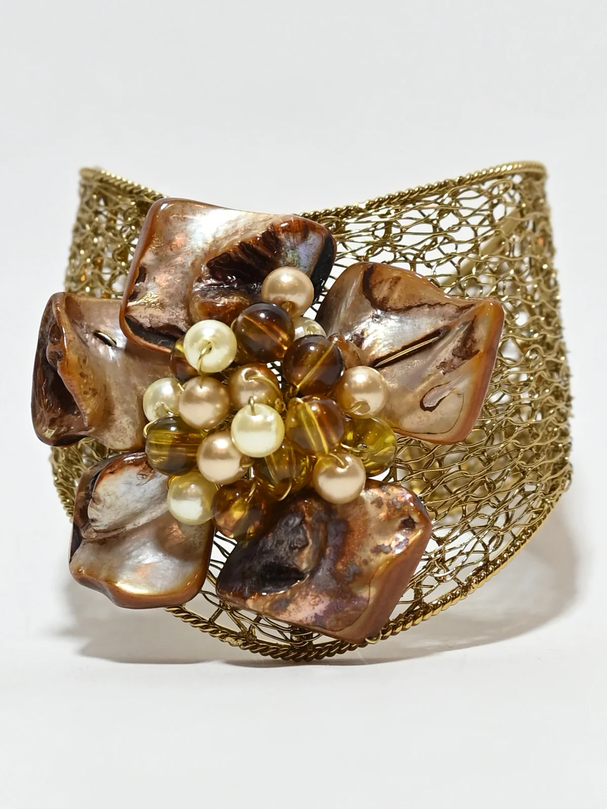 Odette Brown And Golden Alloy Pearl And Stone Cuff Bracelet For Women - Image 2