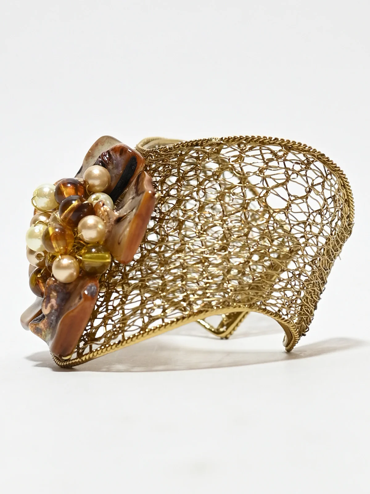 Odette Brown And Golden Alloy Pearl And Stone Cuff Bracelet For Women - Image 3