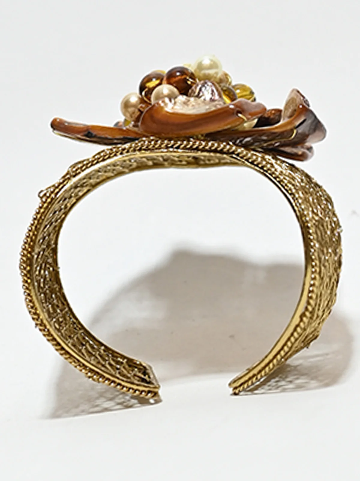 Odette Brown And Golden Alloy Pearl And Stone Cuff Bracelet For Women - Image 4