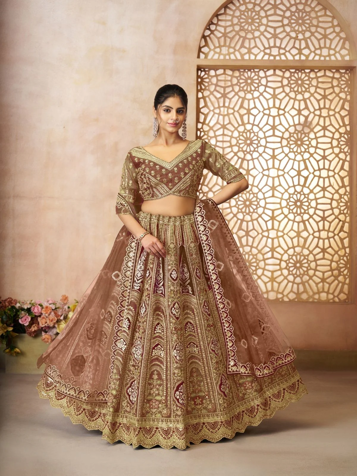 Odette Brown Banarasi Silk Embroidered Semi-Stitched Lehenga For Women - Image 2