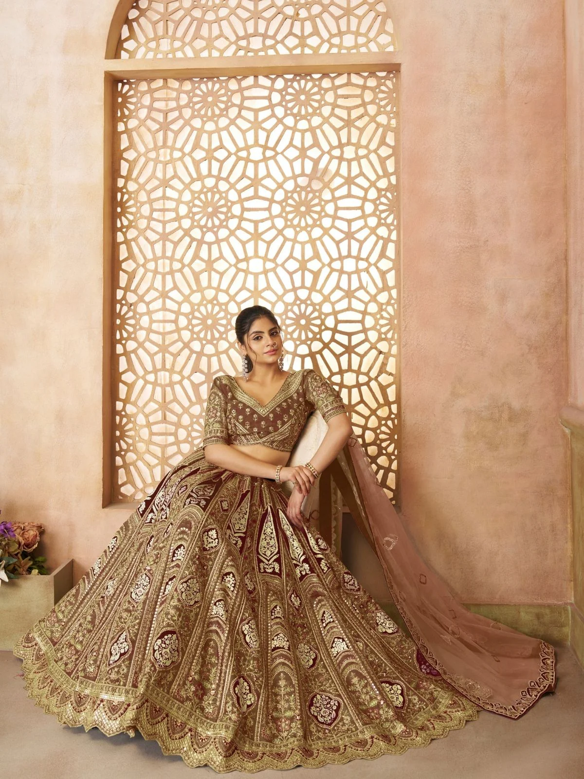 Odette Brown Banarasi Silk Embroidered Semi-Stitched Lehenga For Women - Image 3