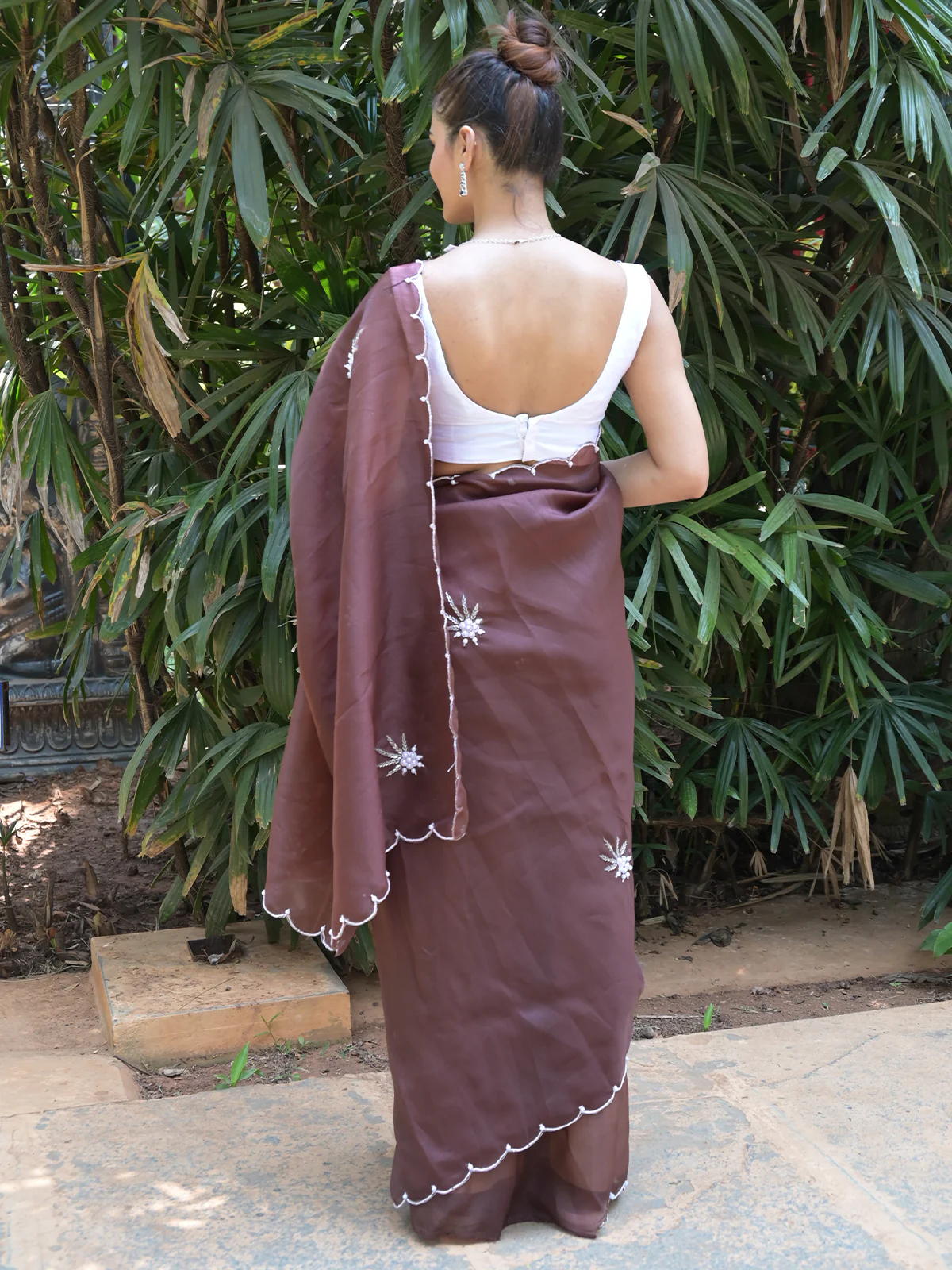 Odette Brown Beads Embroidered Khadi Organza Saree with Unstitched Blouse for Women - Image 3