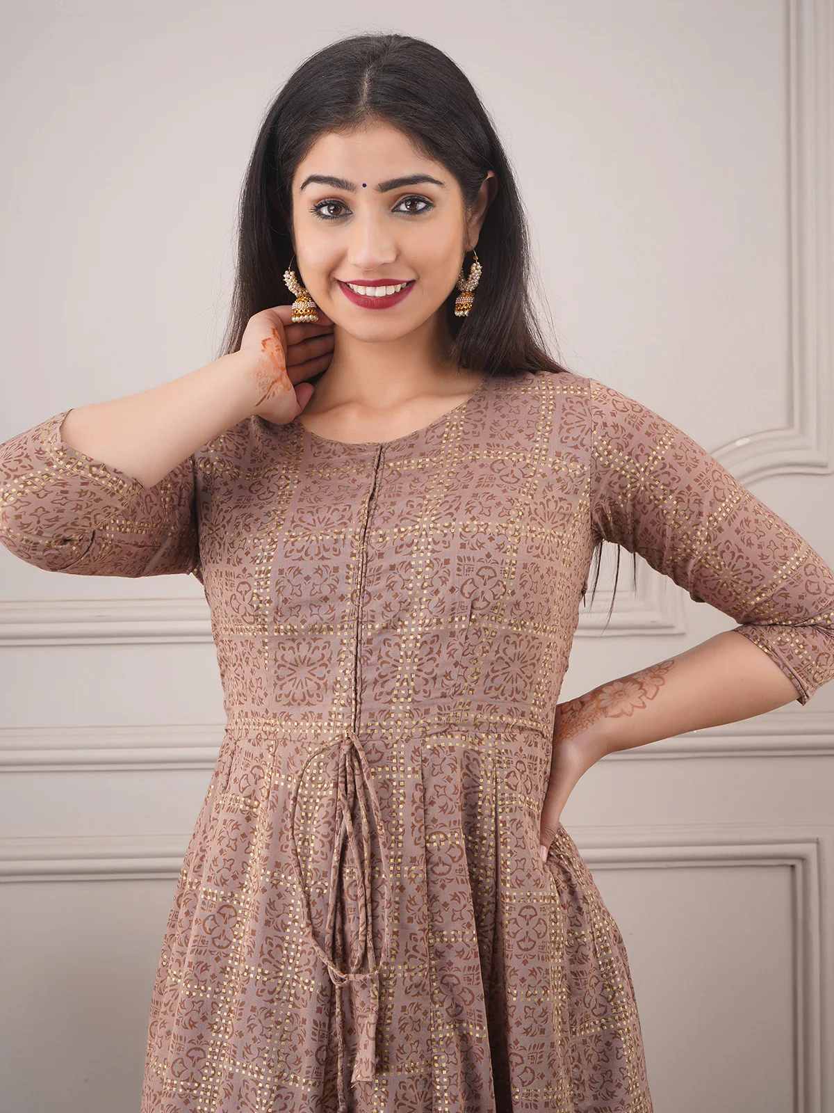 Odette Brown Chanderi Printed Stitched Gown for Women - Image 3