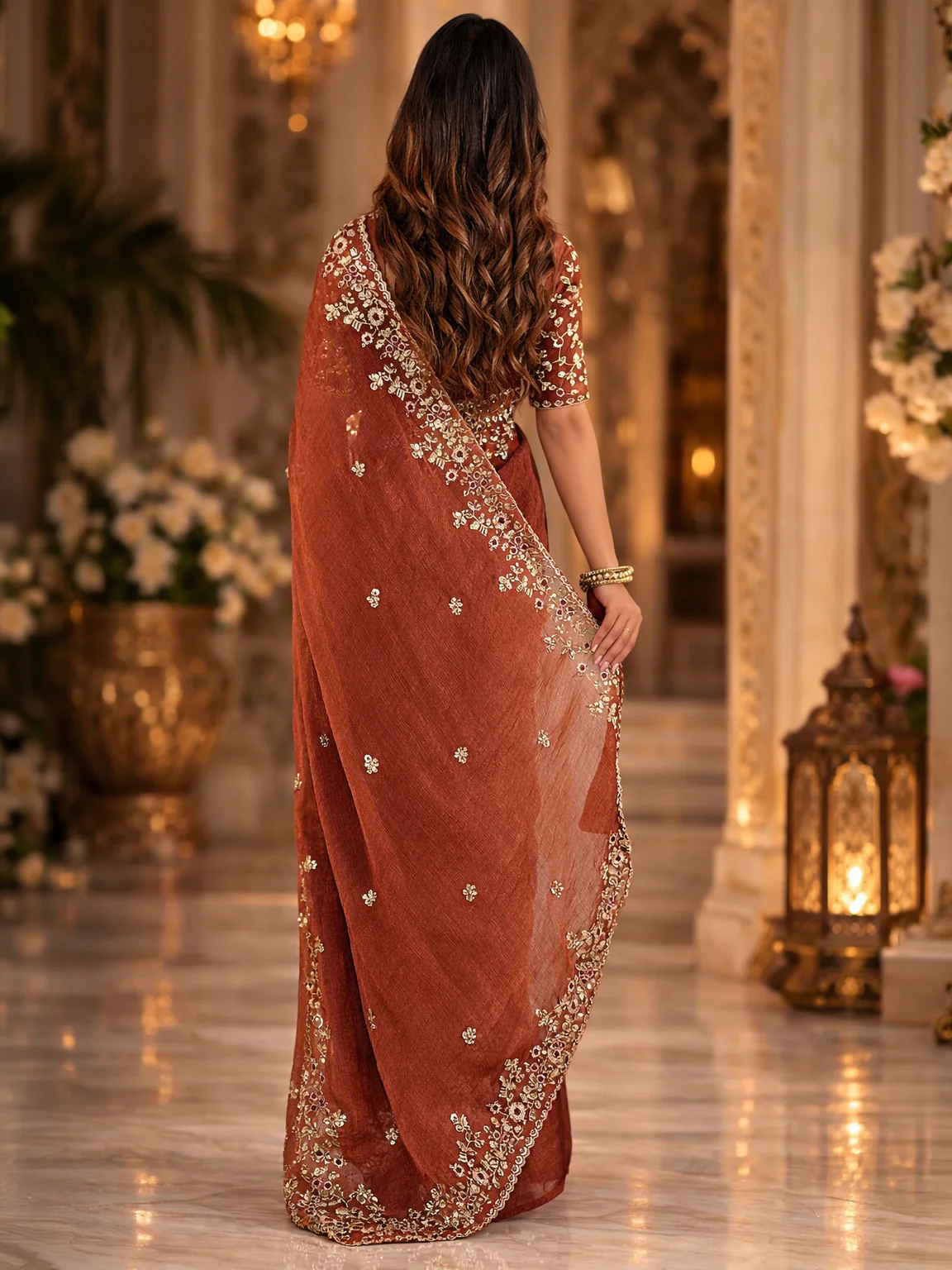 Odette Brown Chiffon Embellished Solid Saree For Women - Image 3