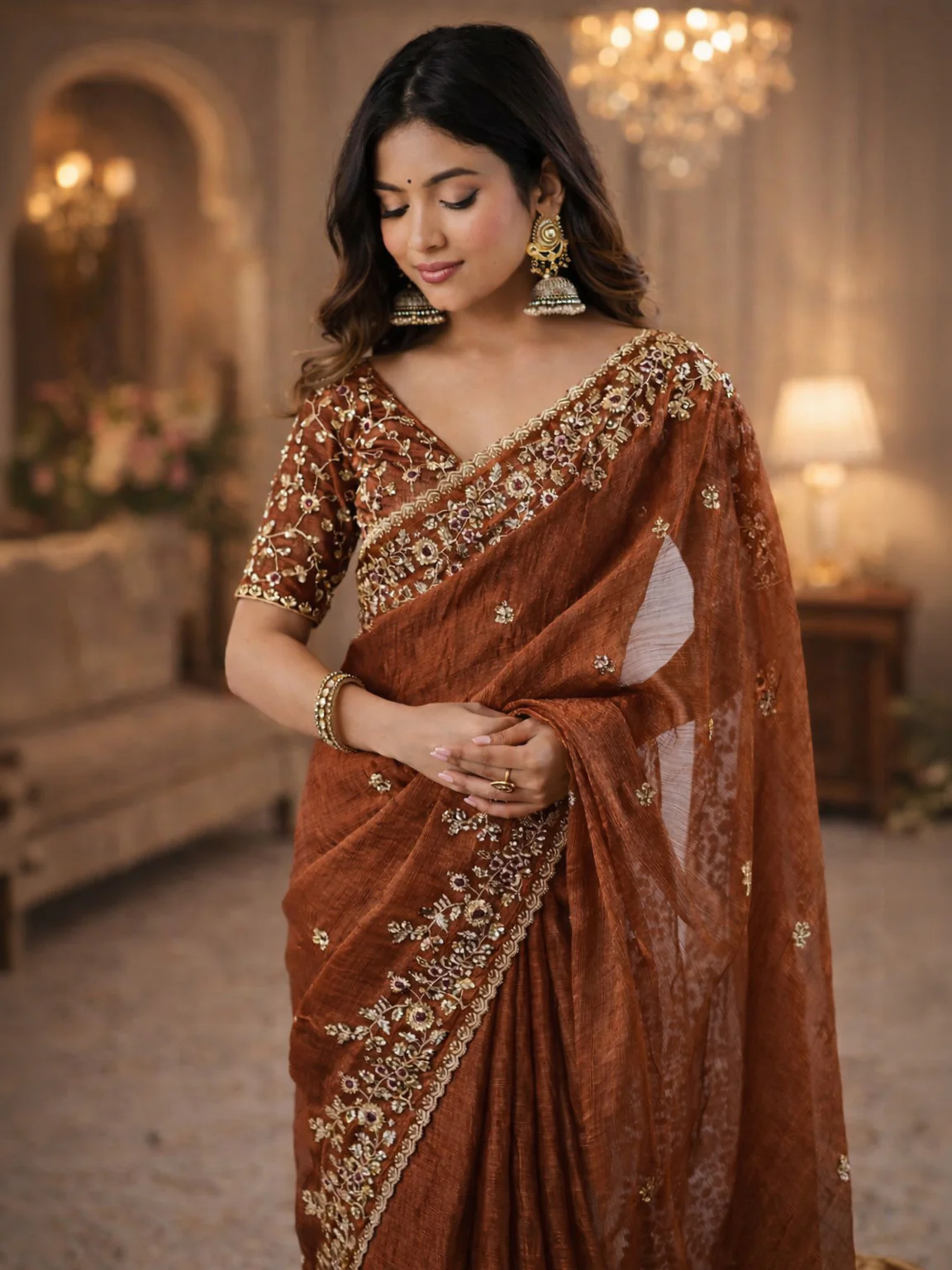 Odette Brown Chiffon Embellished Solid Saree For Women - Image 4