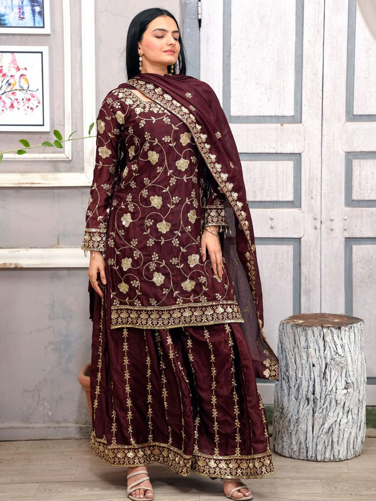 Odette Brown Chinon Embroidered Kurta Set For Women - Image 2